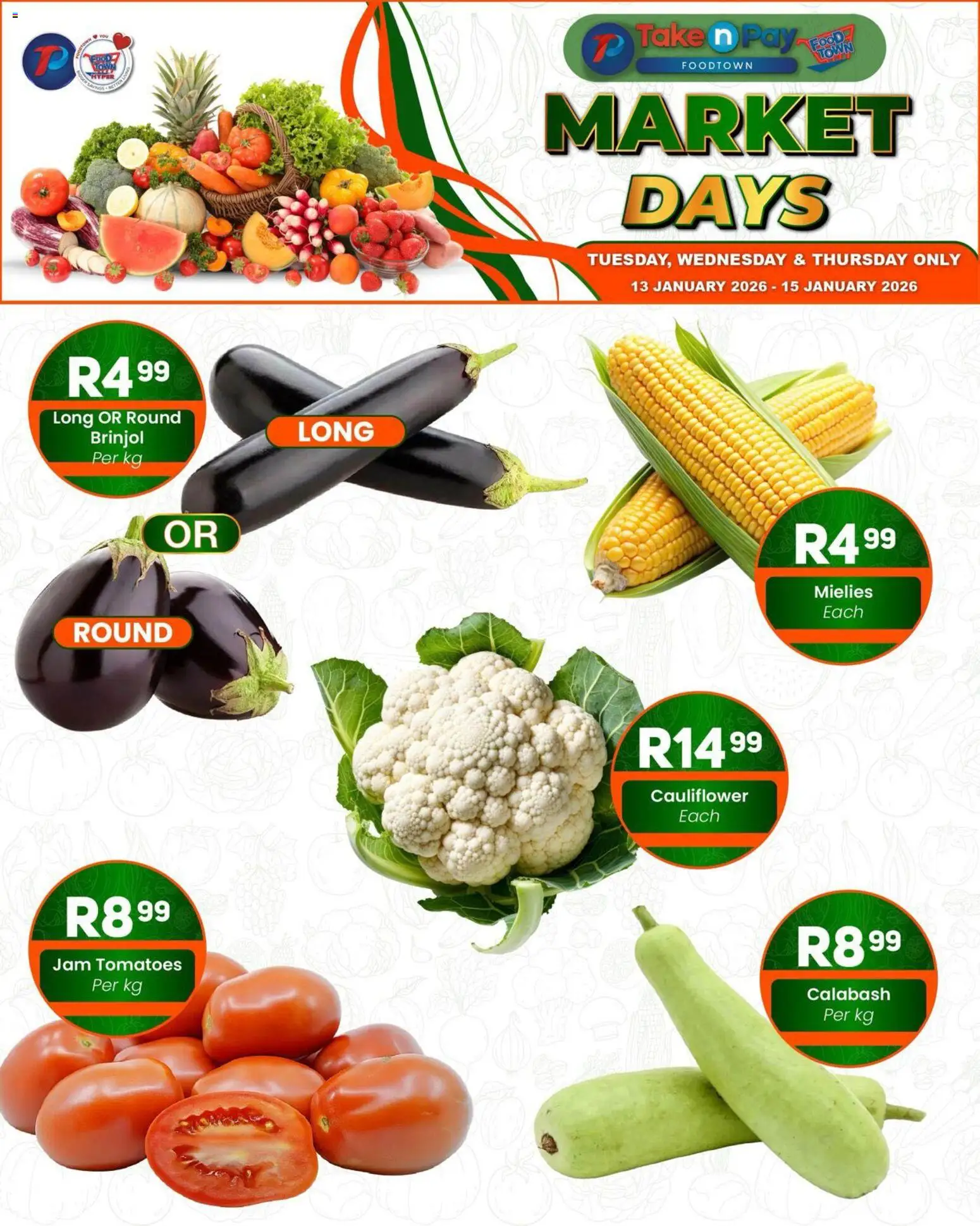 New Take n Pay catalogue – valid from 13.01.2026 | Page: 1 | Products: Cauliflower, Jam, Tomatoes