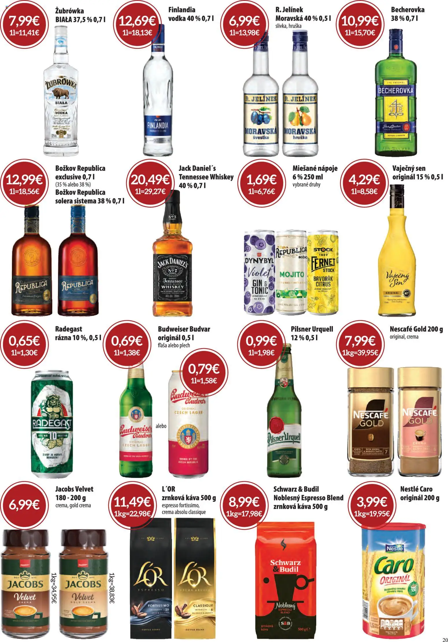 Nové CBA Verex akcie – leták je platný od 01.04.2026 | Strana: 20 | Produkty: Becherovka, Pilsner Urquell, Gin, Jack Daniel's
