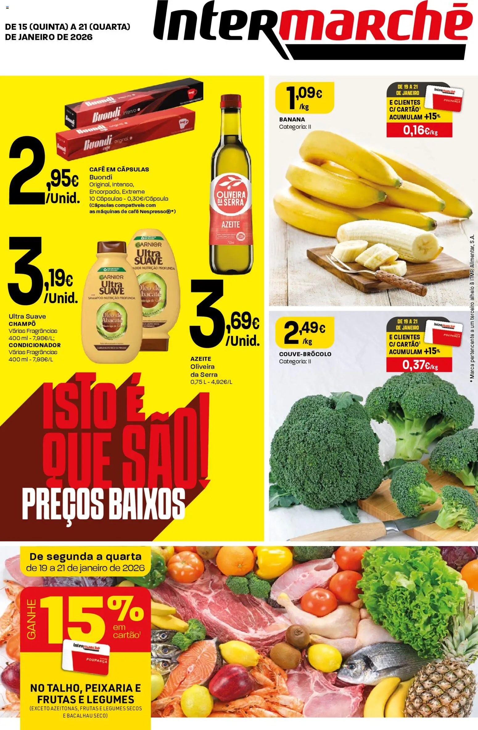 Intermarché Folheto Mini │ válido de 15.01.2026 | Página: 1 | Produtos: Bacalhau, Banana, Condicionador, Café