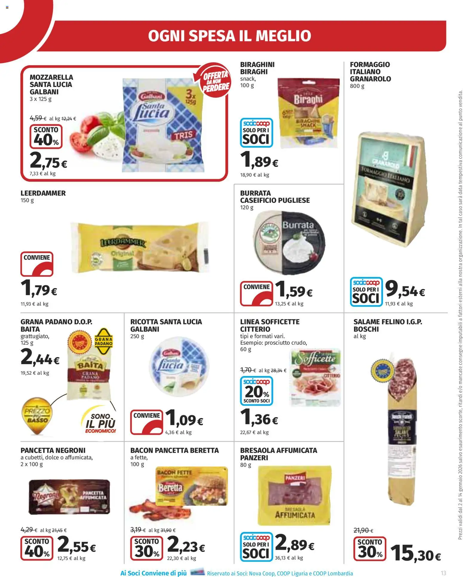 Volantino Ipercoop del 02.01.2026 | Pagina: 13 | Prodotti: Bresaola, Mozzarella, Grana Padano, Ricotta