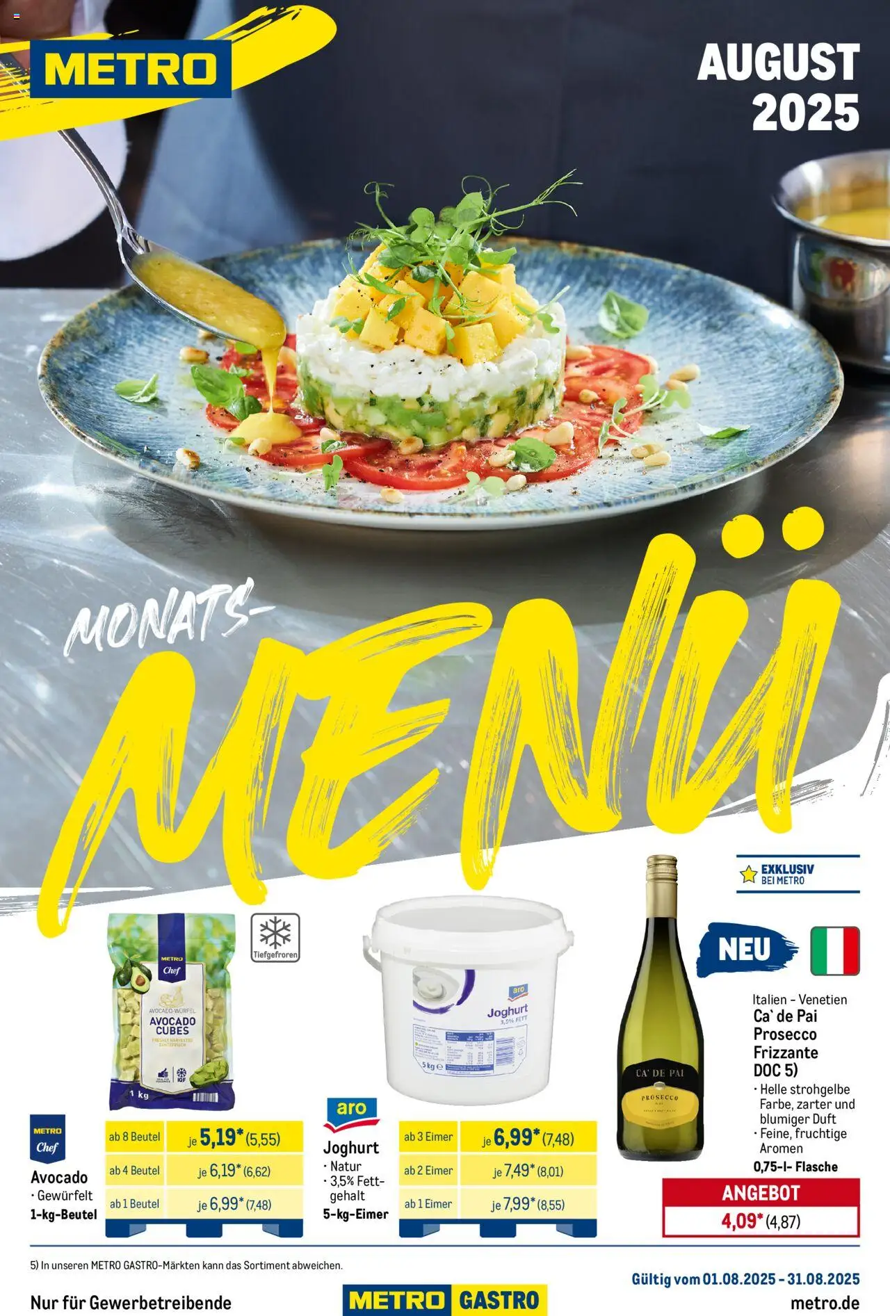 Metro Monats-Menü - gültig ab dem 01.08.2025 | Seite: 1 | Produkte: Joghurt, Duft, Avocado, Prosecco