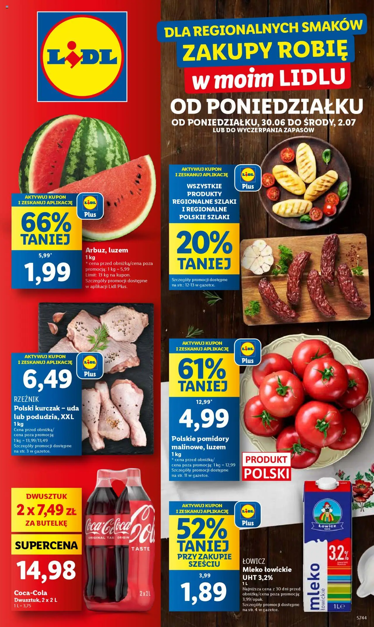 Lidl Gazetka od 30.06.2025 | Strona: 1 | Produkty: Kurczak, Coca cola, Mleko, Mleko łowickie