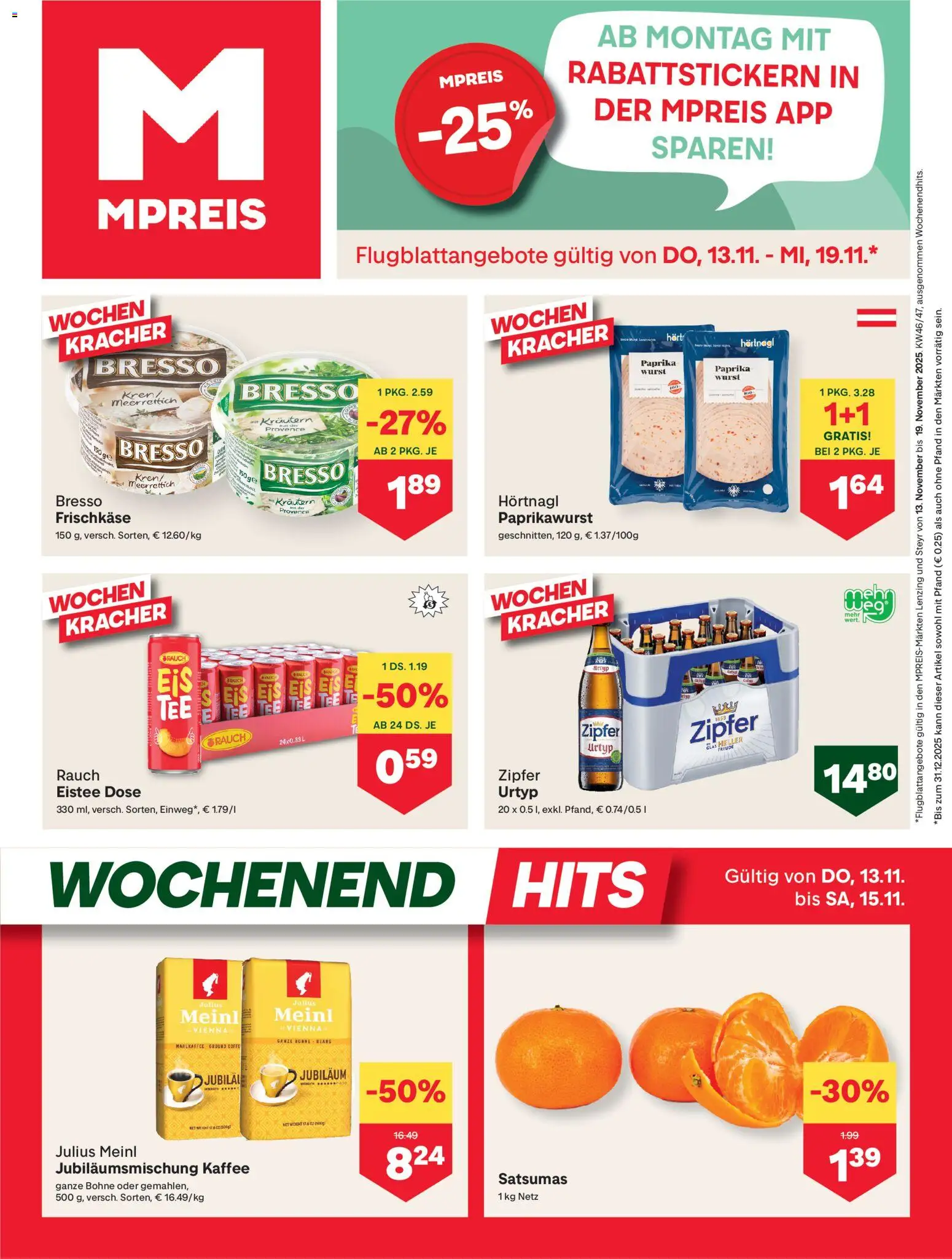 MPREIS Lenzing gültig ab 13.11.2025 | Seite: 1 | Produkte: Wurst, Kaffee