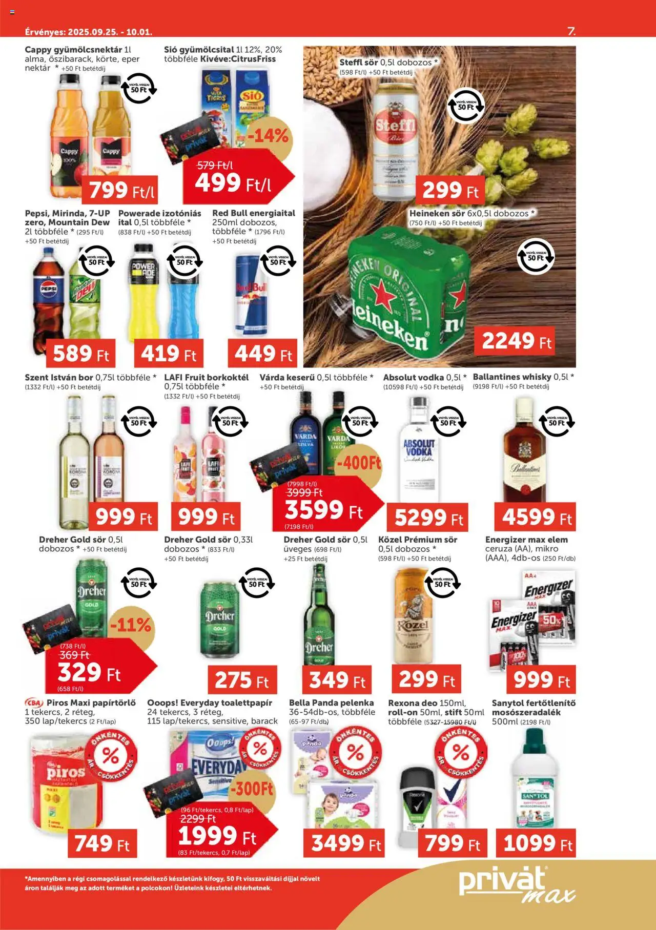 PRIVÁT akciós ujság - amely érvényes a következő dátumtól: 25.09.2025 | Oldal: 7 | Termékek: Red bull, Stift, Steffl, Whisky