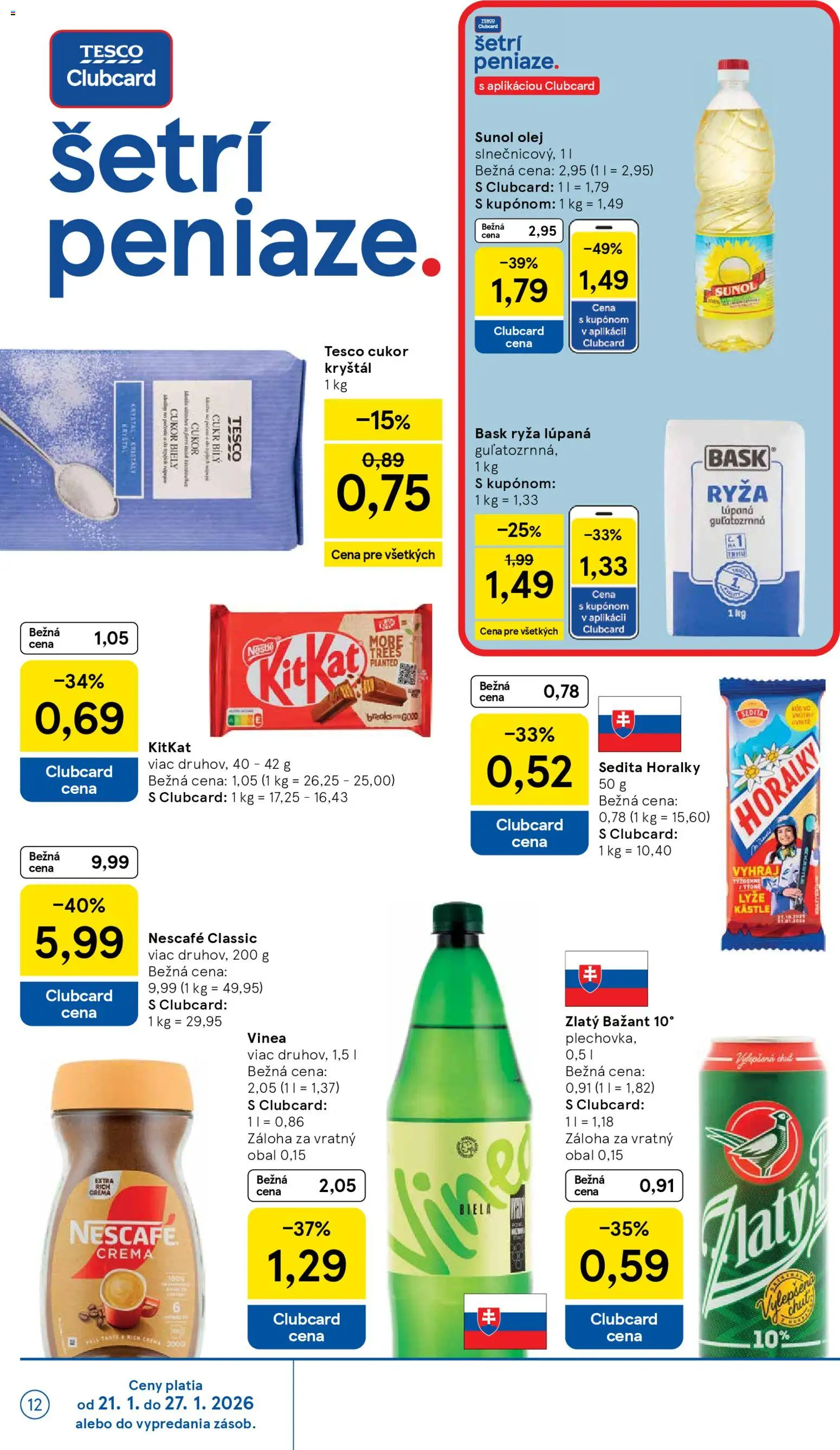 Nové Tesco akcie – leták je platný od 21.01.2026 | Strana: 12 | Produkty: Zlatý Bažant, Cukor, Nescafé Classic, Vinea