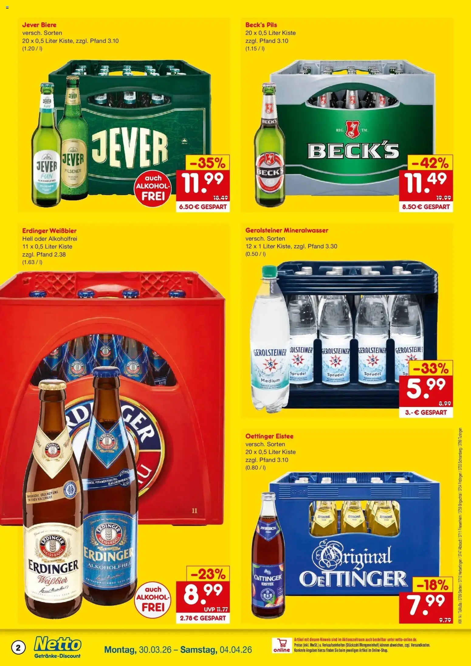 Netto Marken-Discount Prospekt Herbertingen	 – gültig ab 30.03.2026 | Seite: 2 | Produkte: Erdinger, Pils, Zitrone, Gerolsteiner