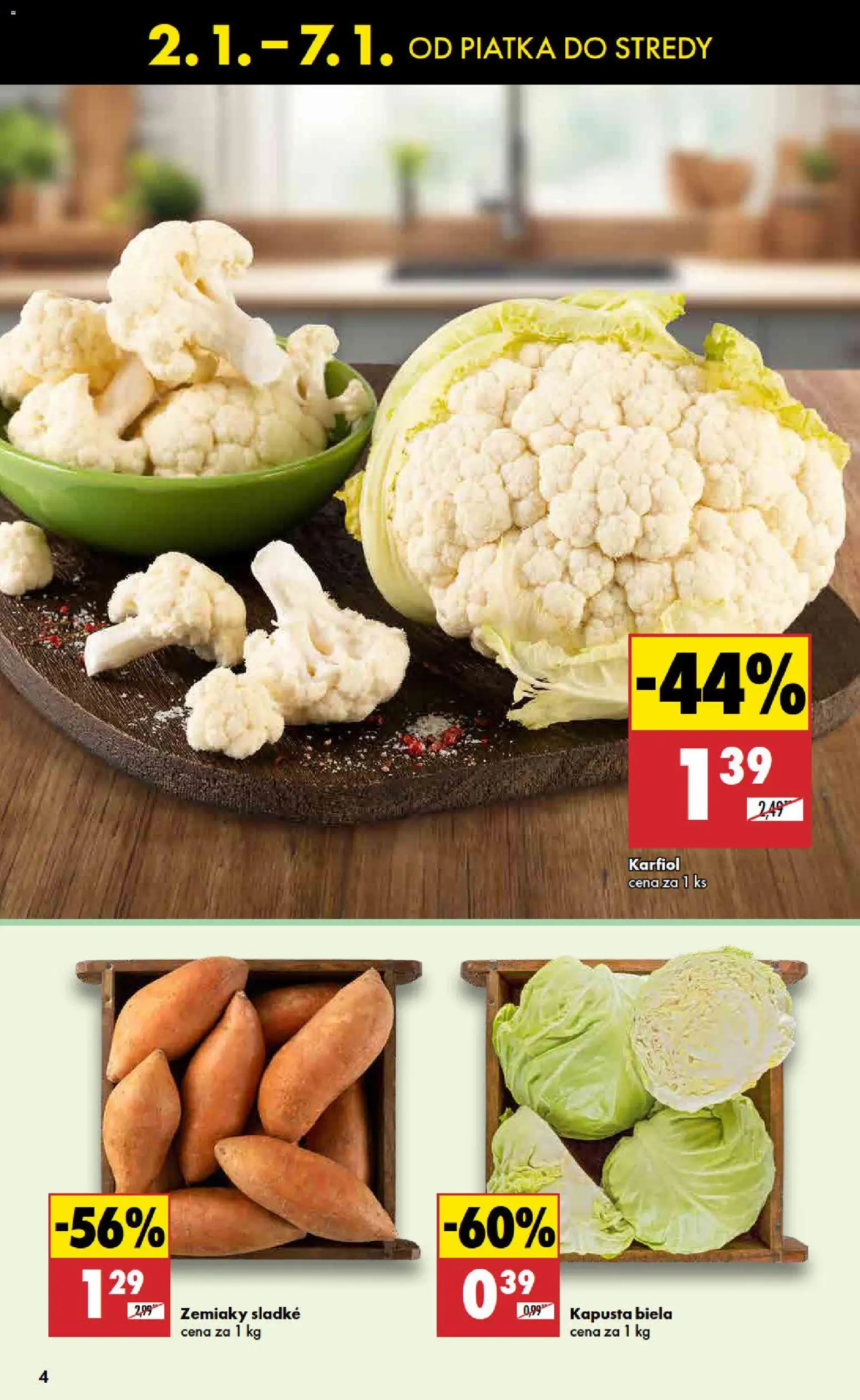 Nové Biedronka akcie – leták je platný od 02.01.2026 | Strana: 4 | Produkty: Kapusta, Kapusta biela, Karfiol, Zemiaky
