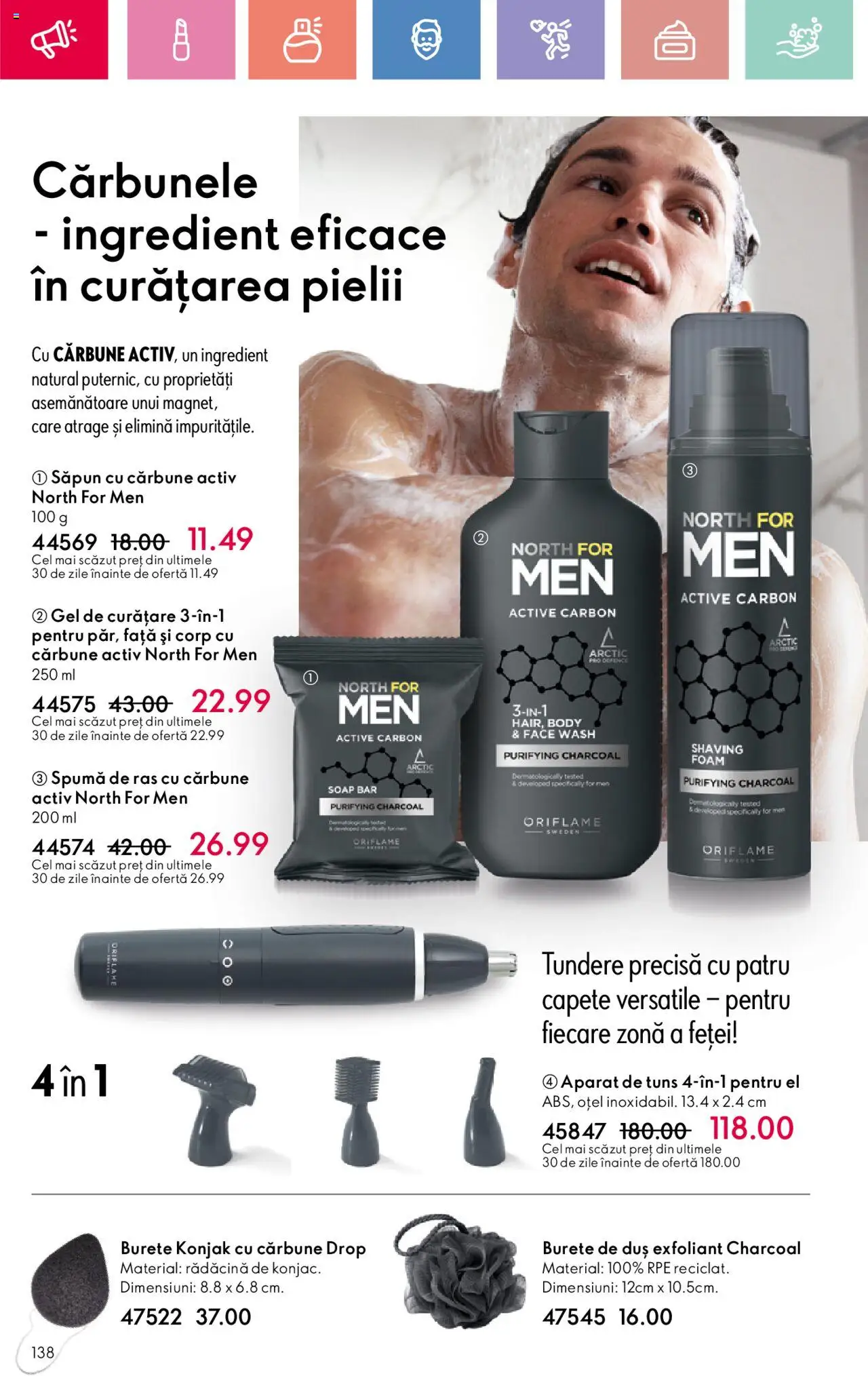 Oriflame catalog 11 2025 – valabil de la 27.07.2025 | Pagină: 138 | Produse: Exfoliant, Gel de curățare, Burete, Spumă de ras