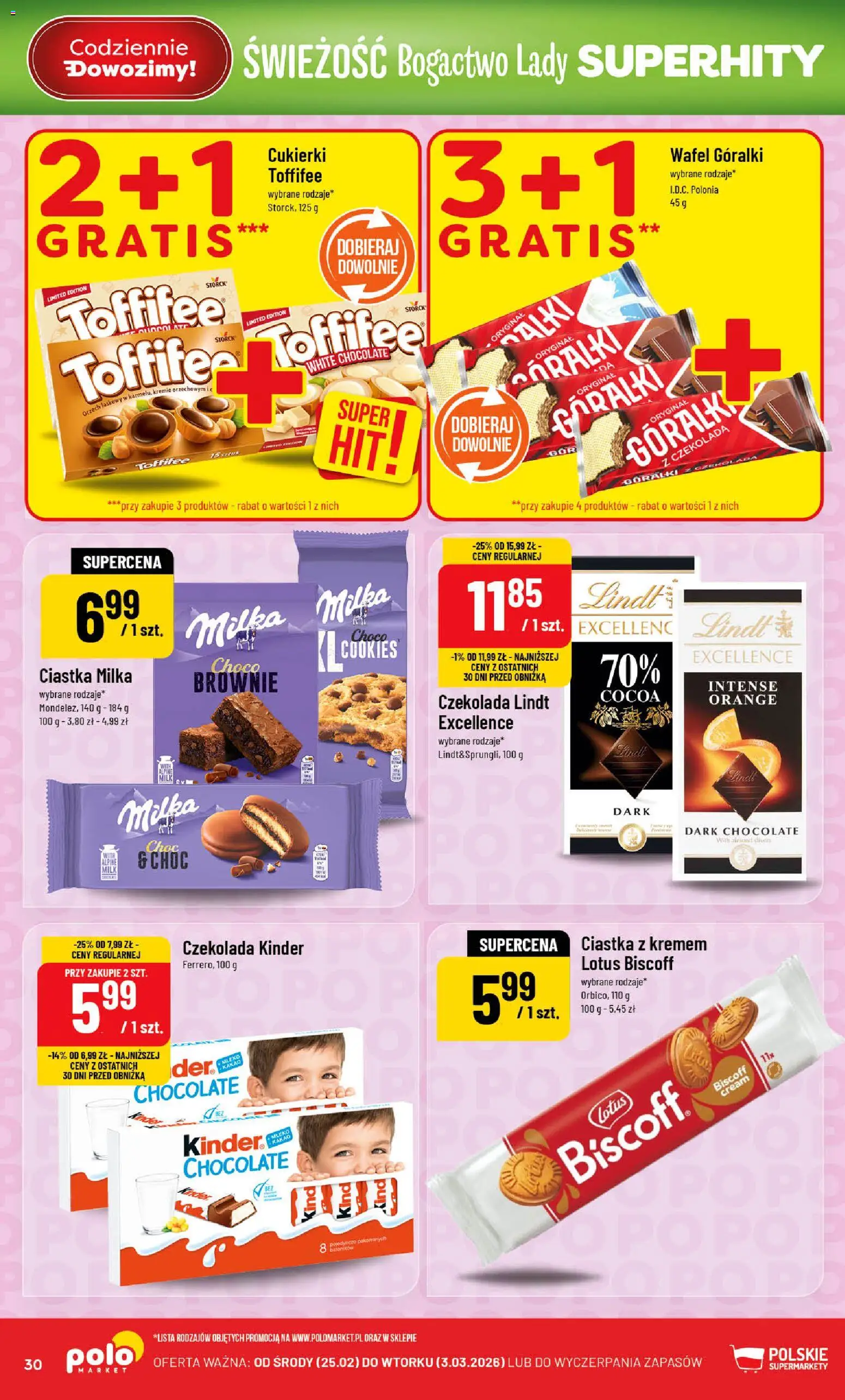 POLOmarket Gazetka od 25.02.2026 | Strona: 30 | Produkty: Czekolada lindt, Toffifee, Milka, Brownie