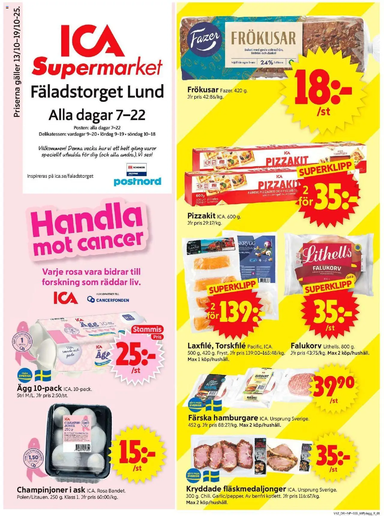 ICA Supermarket reklamblad aktuell från 13.10.2025 | Sida: 1 | Produkter: Torskfile, Galler, Pizzakit, Tomatsås