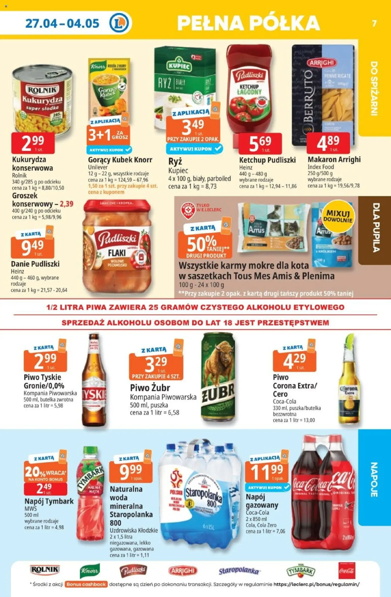 E.Leclerc gazetka od 27.04.2026 | Strona: 7 | Produkty: Piwo żubr, Ketchup pudliszki, Gorący kubek, Kukurydza