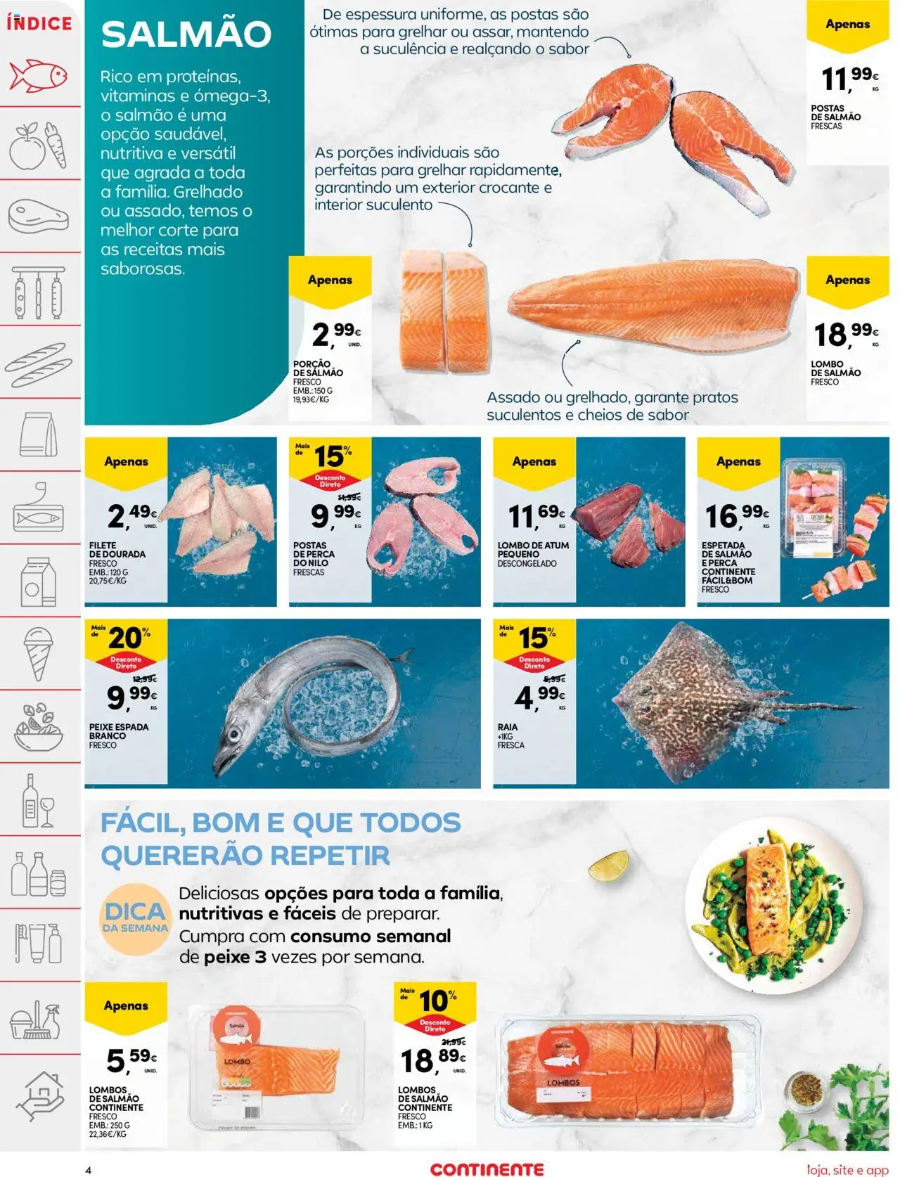 Continente folheto │ válido de 05.08.2025 | Página: 4 | Produtos: Atum, Pratos, Salmão, Peixe