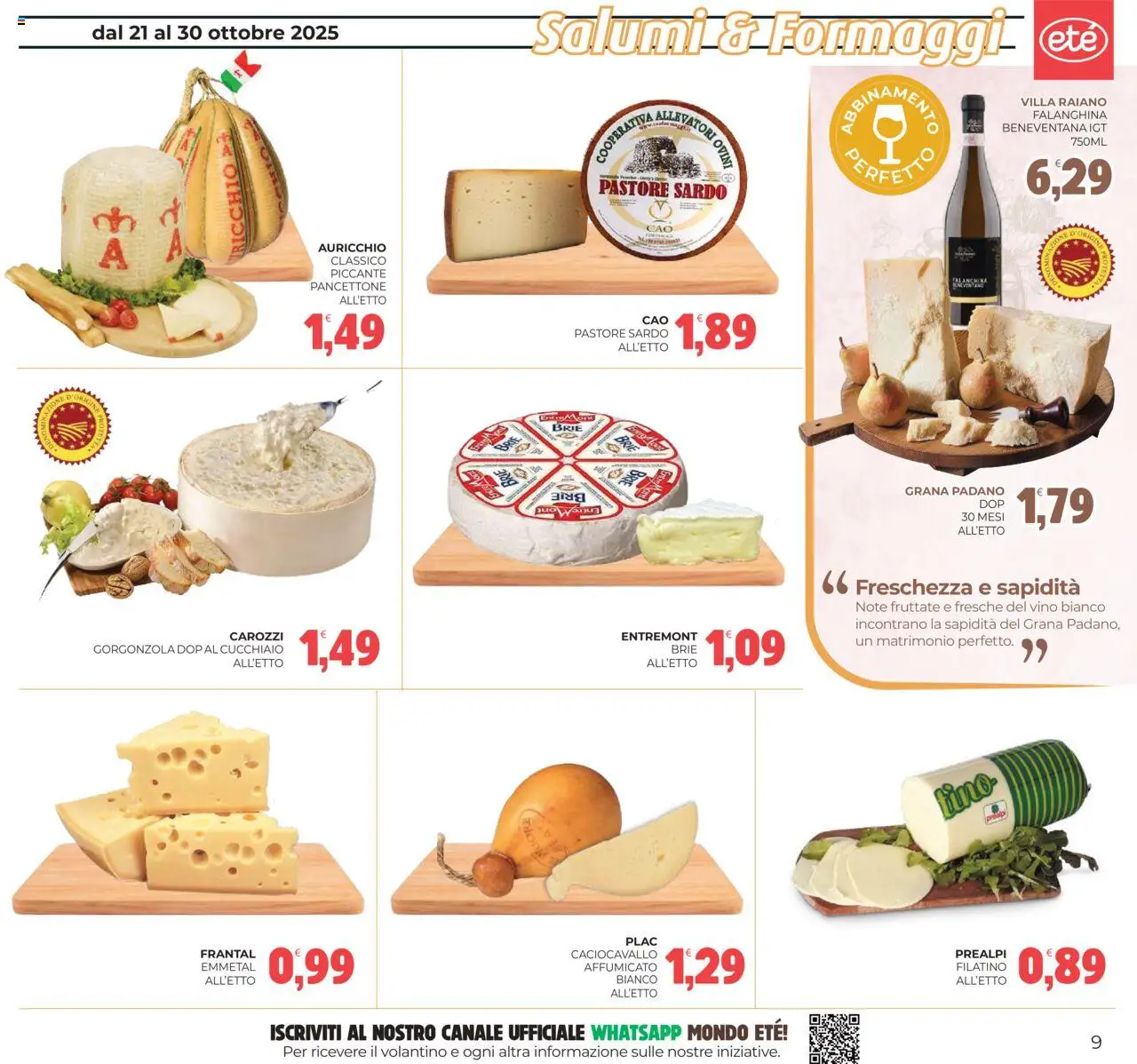 Volantino Eté del 21.10.2025 | Pagina: 9 | Prodotti: Vino, Grana Padano, Gorgonzola, Vino bianco