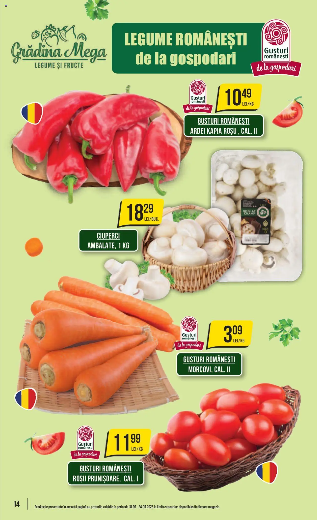 Noul catalog Mega Image – valabil de la 18.09.2025 | Pagină: 14 | Produse: Ciuperci, Ardei, Roșii, Fructe