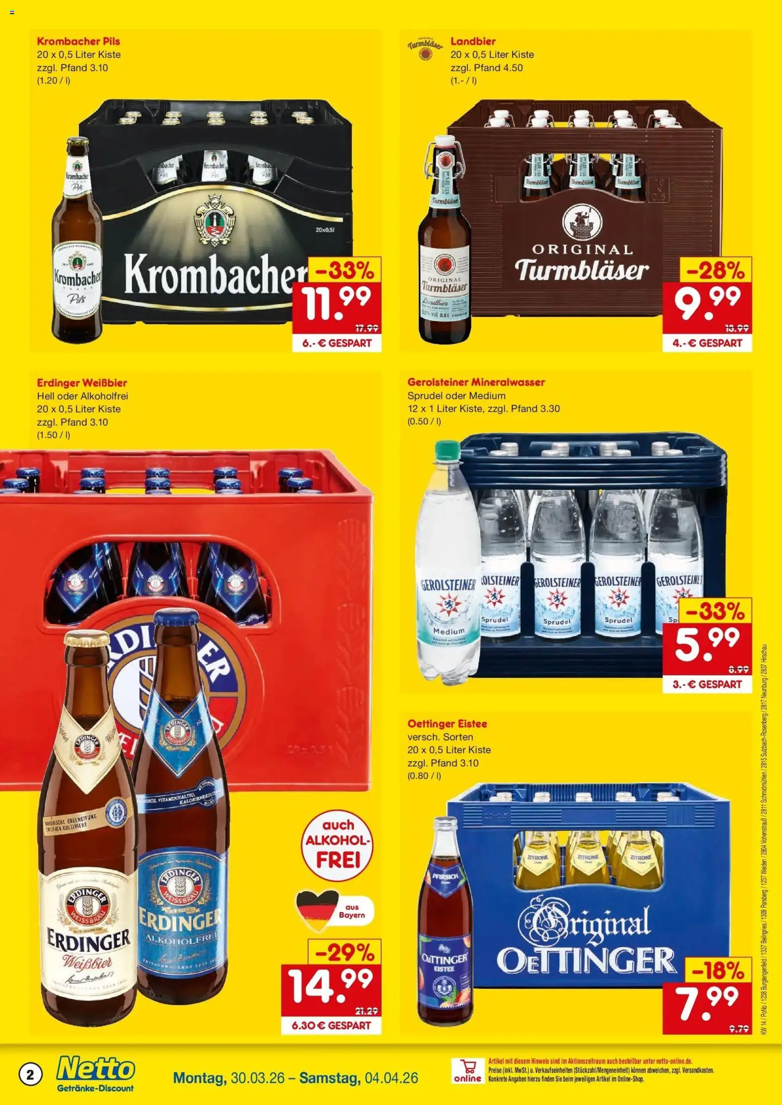Netto Marken-Discount Prospekt Beilngries	 – gültig ab 30.03.2026 | Seite: 2 | Produkte: Weißbier, Pils, Mineralwasser, Gerolsteiner