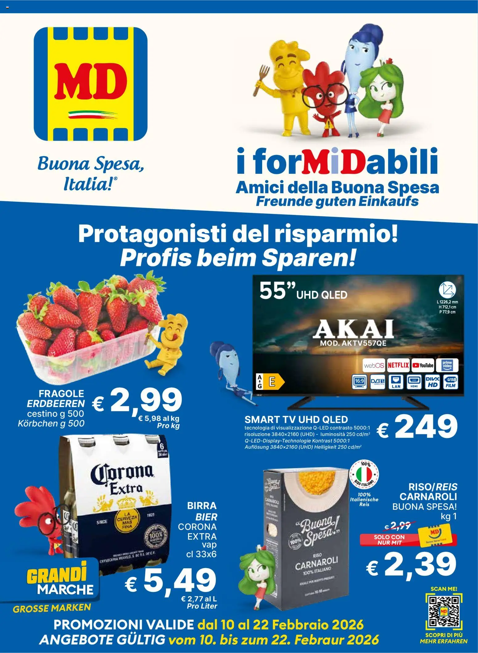 Volantino MD Discount del 10.02.2026 | Pagina: 1 | Prodotti: smart TV, Fragole, Video, Cestino