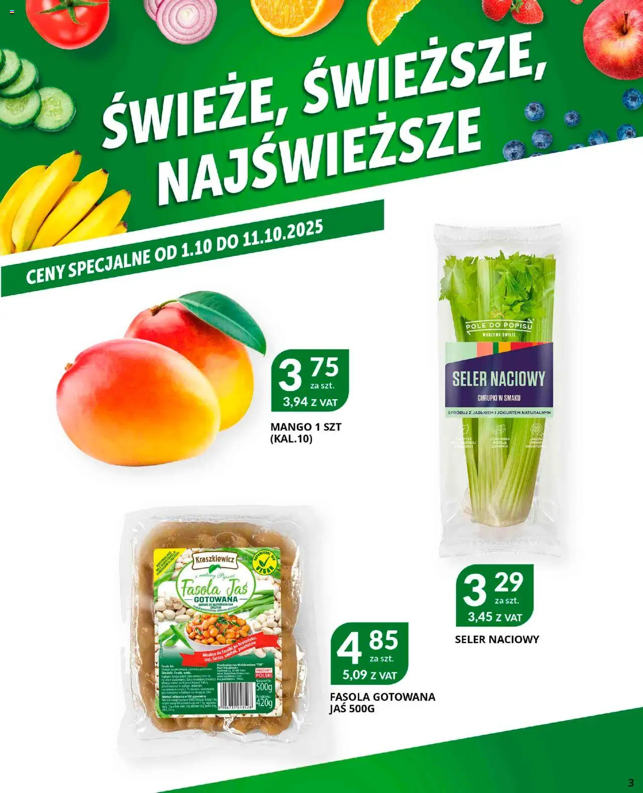 Eurocash Gazetka od 22.09.2025 | Strona: 3 | Produkty: Mango, Fasola jaś, Chrupki, Seler naciowy