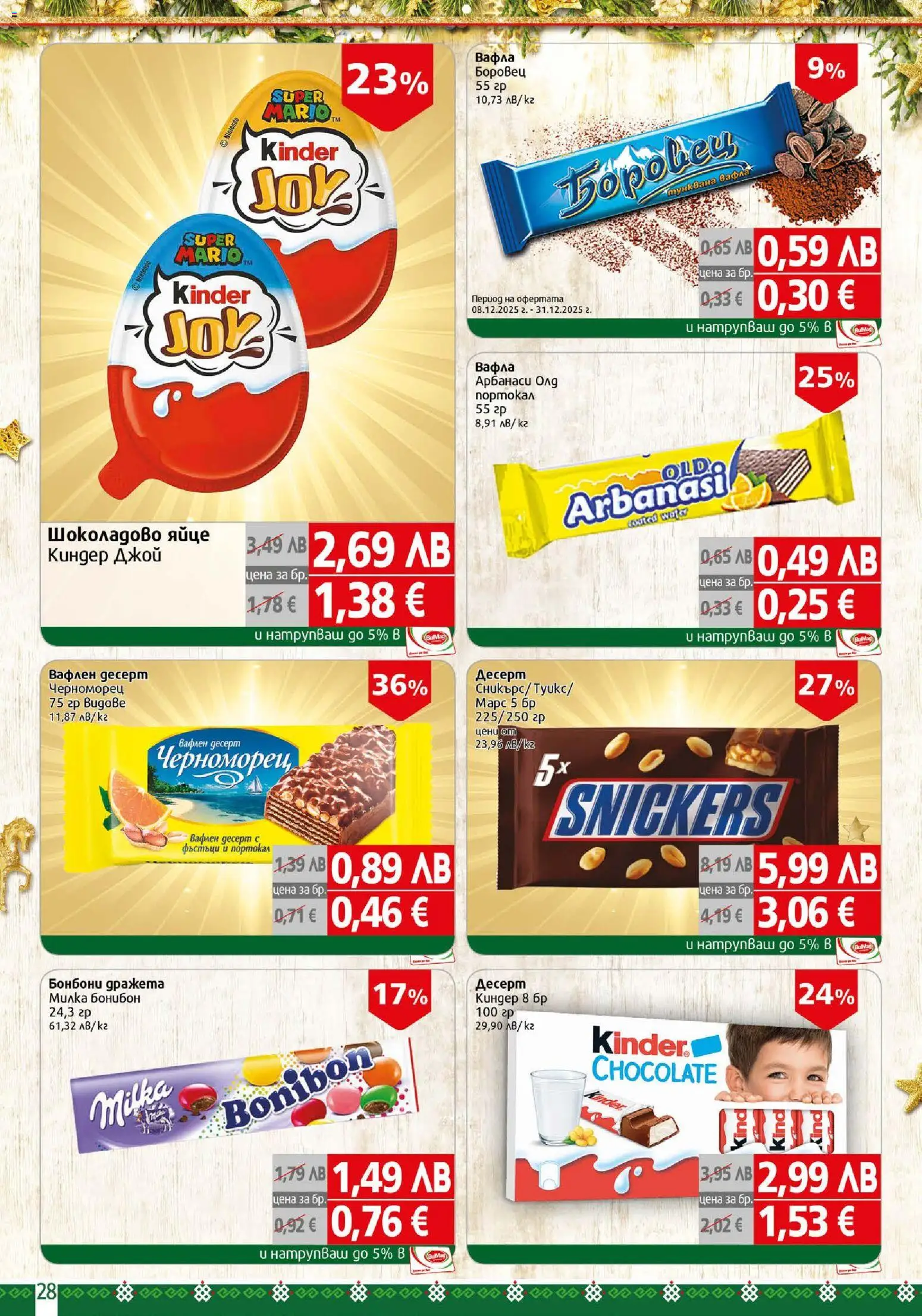 {H1} | Страница: 28 | Продукти: Бонбони, Портокал, Тунквана вафла, Вафла