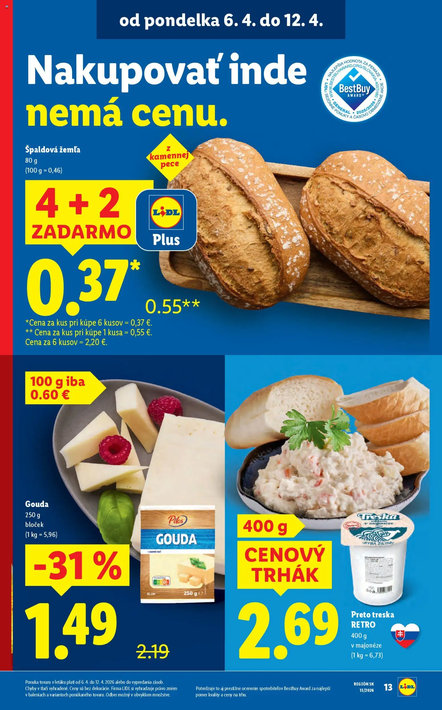 Nové Lidl akcie – leták je platný od 06.04.2026 | Strana: 15 | Produkty: Gouda, Ryba, Treska