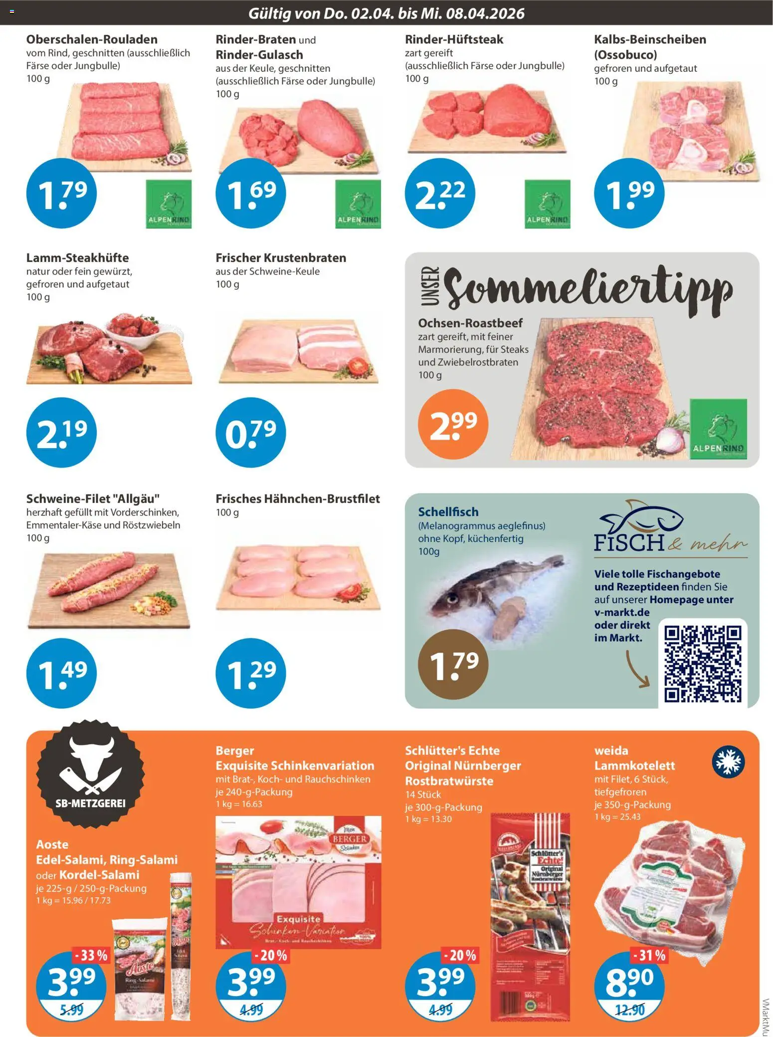 V-Markt München – gültig ab 02.04.2026 | Seite: 3 | Produkte: Rinderbraten, Rindergulasch, Schweinefilet, Fisch