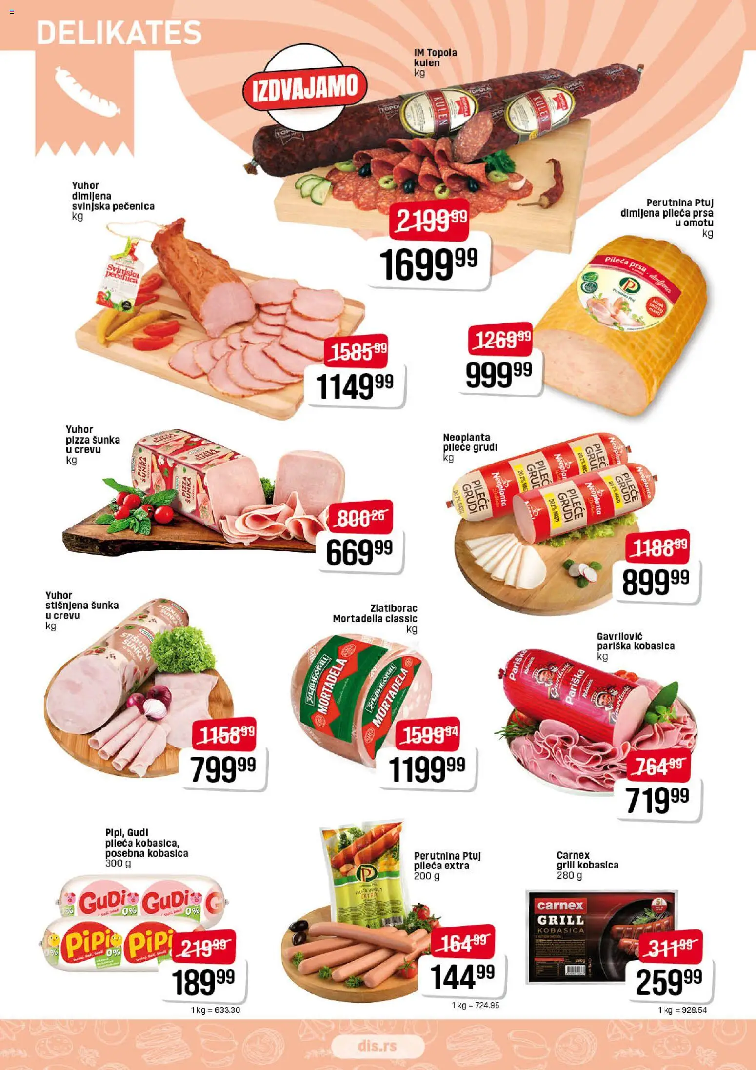 Super DIS katalog - važi od 23.04.2026 | Strana: 2 | Proizvode: Pileća prsa, Kulen, Mortadela, Pečenica