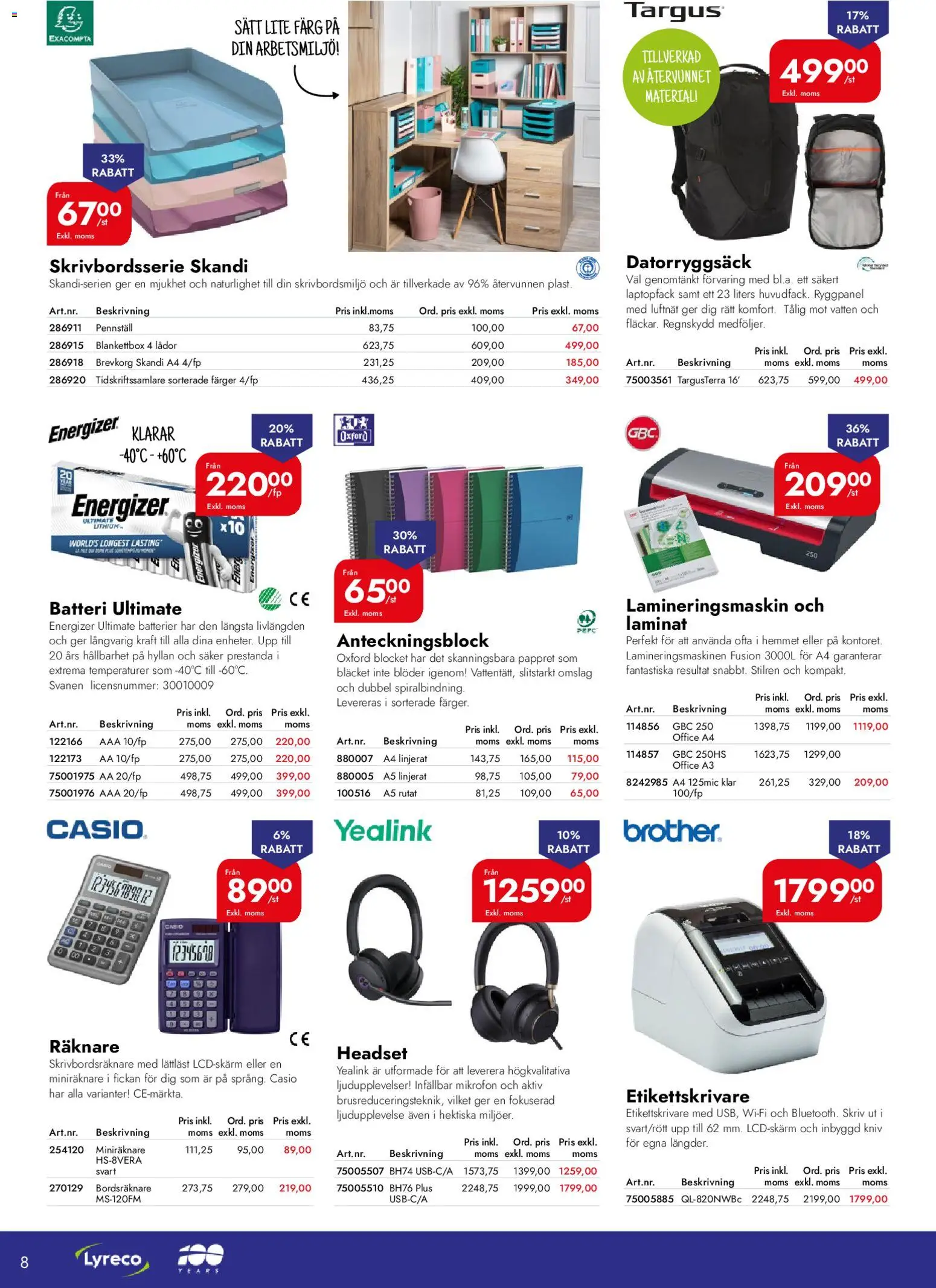 Lyreco reklamblad aktuell från 12.01.2026 | Sida: 8 | Produkter: Batterier, Lamineringsmaskin, Anteckningsblock, Wifi