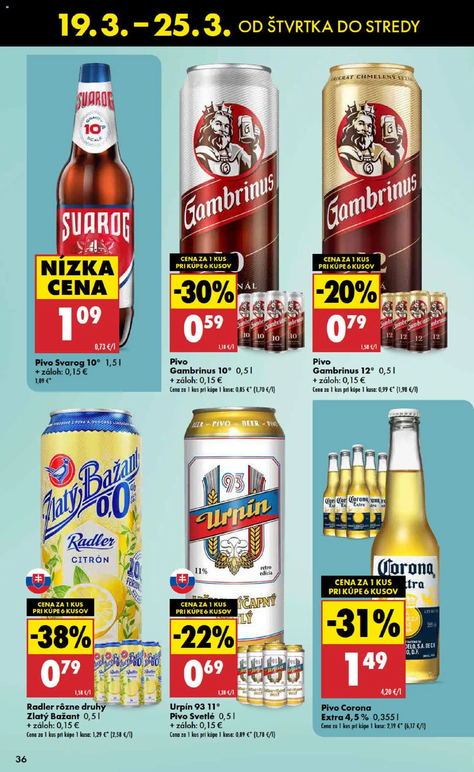 Nové Biedronka akcie – leták je platný od 19.03.2026 | Strana: 36 | Produkty: Pivo, Radler, Zlatý Bažant, Gambrinus