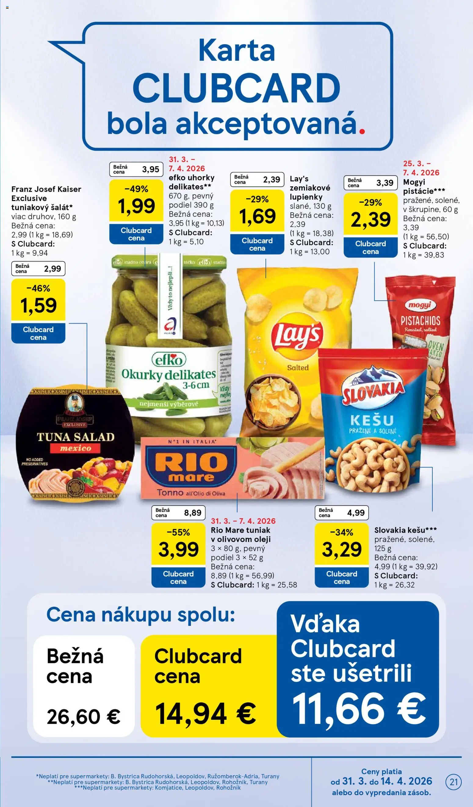 Nové Tesco akcie – leták je platný od 31.03.2026 | Strana: 21 | Produkty: Tuniak, Rio Mare, Pistácie, Uhorky