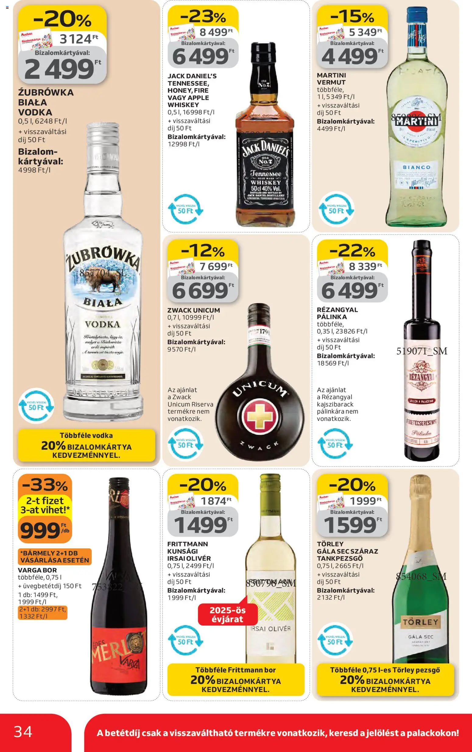 Auchan akciós ujság - amely érvényes a következő dátumtól: 12.02.2026 | Oldal: 34 | Termékek: Unicum riserva, Törley pezsgő, Bor, Vodka