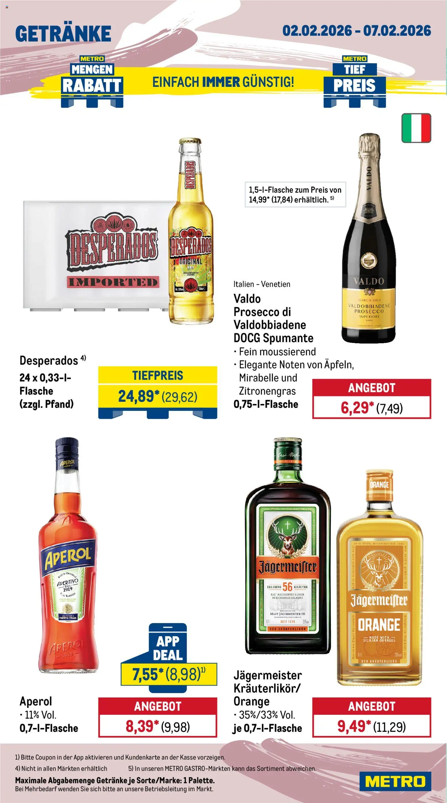 Metro Wochen-Angebote Gastro – gültig ab 02.02.2026 | Seite: 16 | Produkte: Prosecco, Jägermeister, Desperados, Aperol
