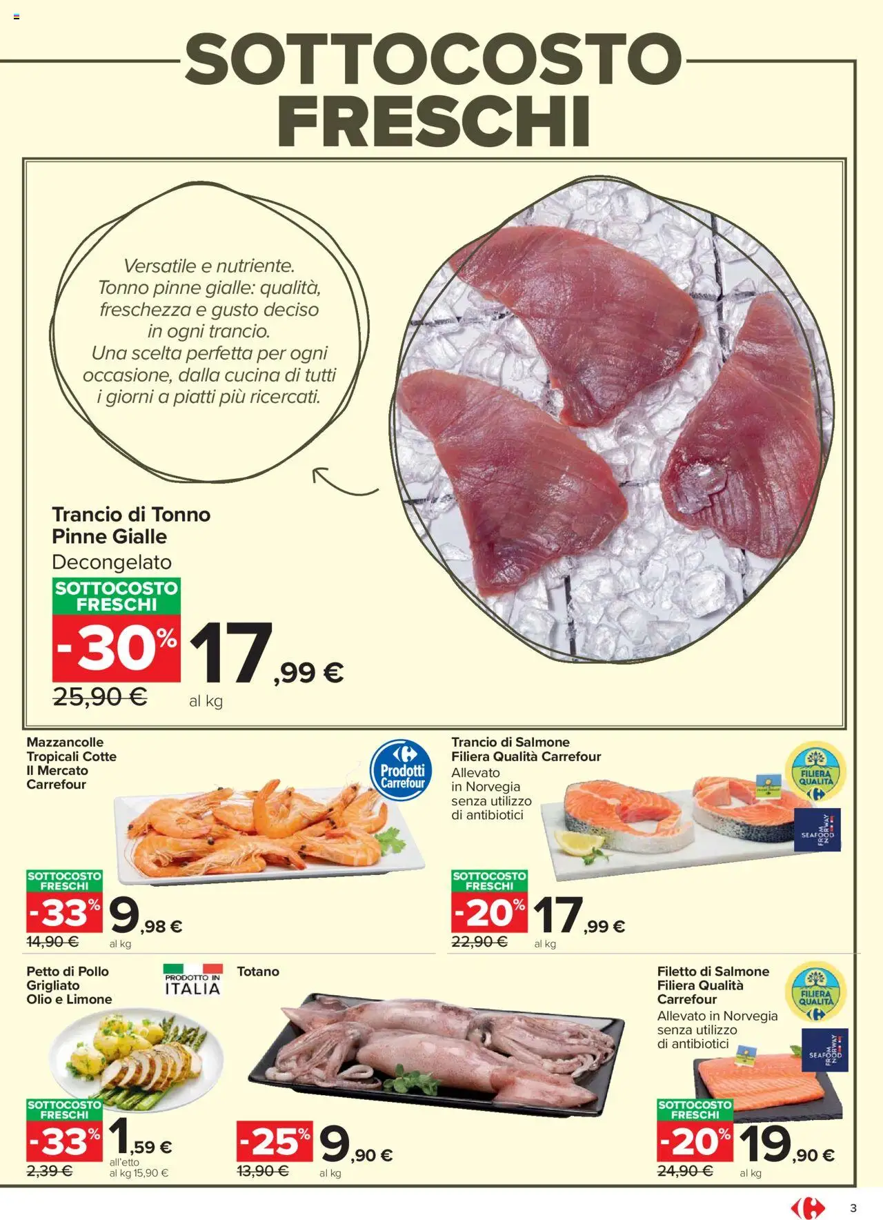 Volantino Carrefour del 20.10.2025 | Pagina: 3 | Prodotti: Pollo, Salmone, Tonno, Totano