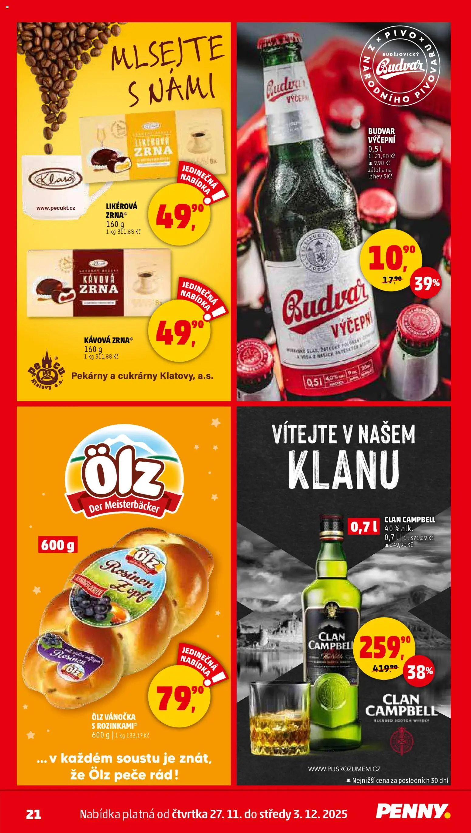 Penny Market leták - Čtvrtečník od 27.11.2025 | Strana: 21 | Produkty: Budvar, Pivo, Vánočka, Láhev