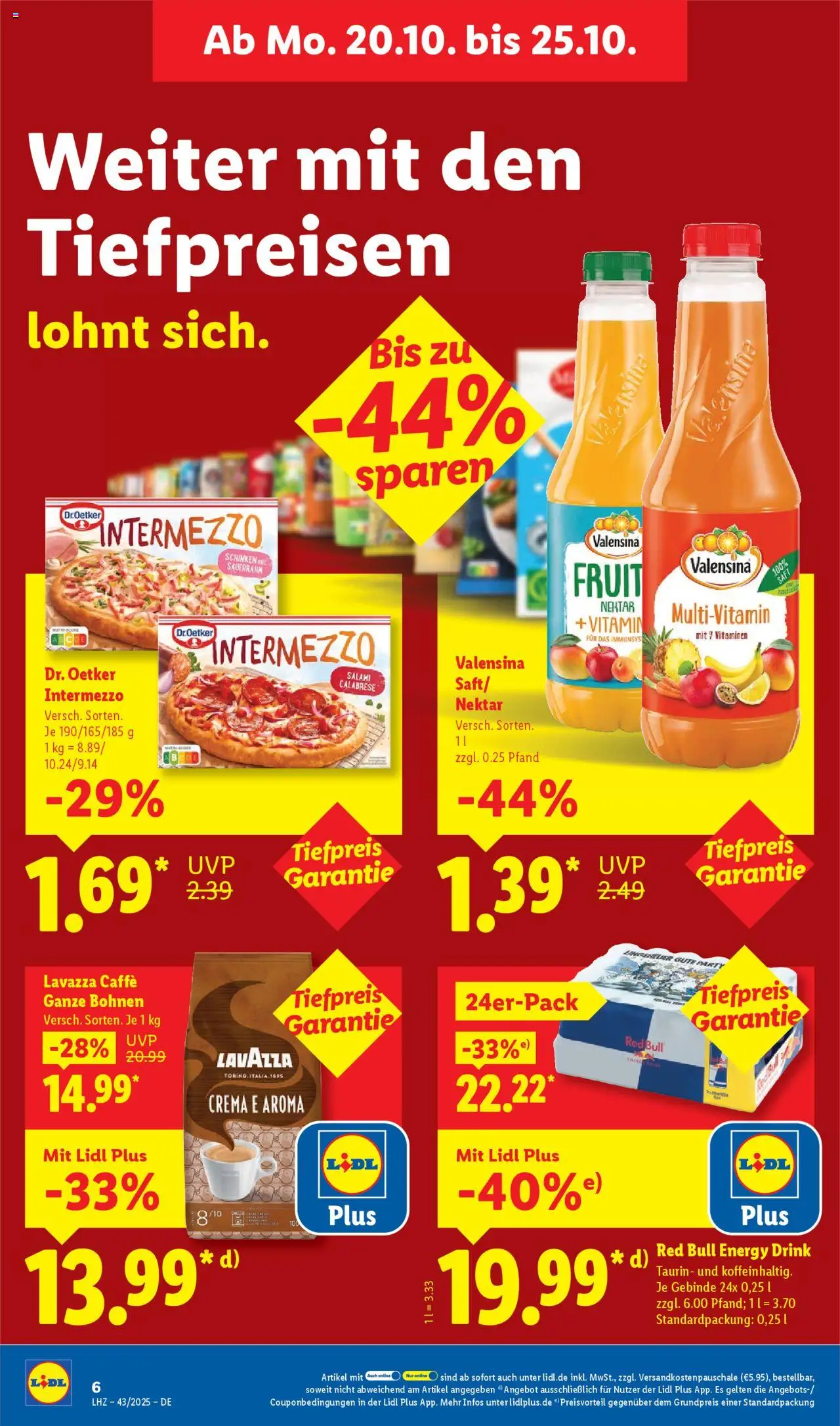 Lidl - Prospekt – gültig ab 20.10.2025 | Seite: 14 | Produkte: Lavazza, Red bull, Salami, Saft