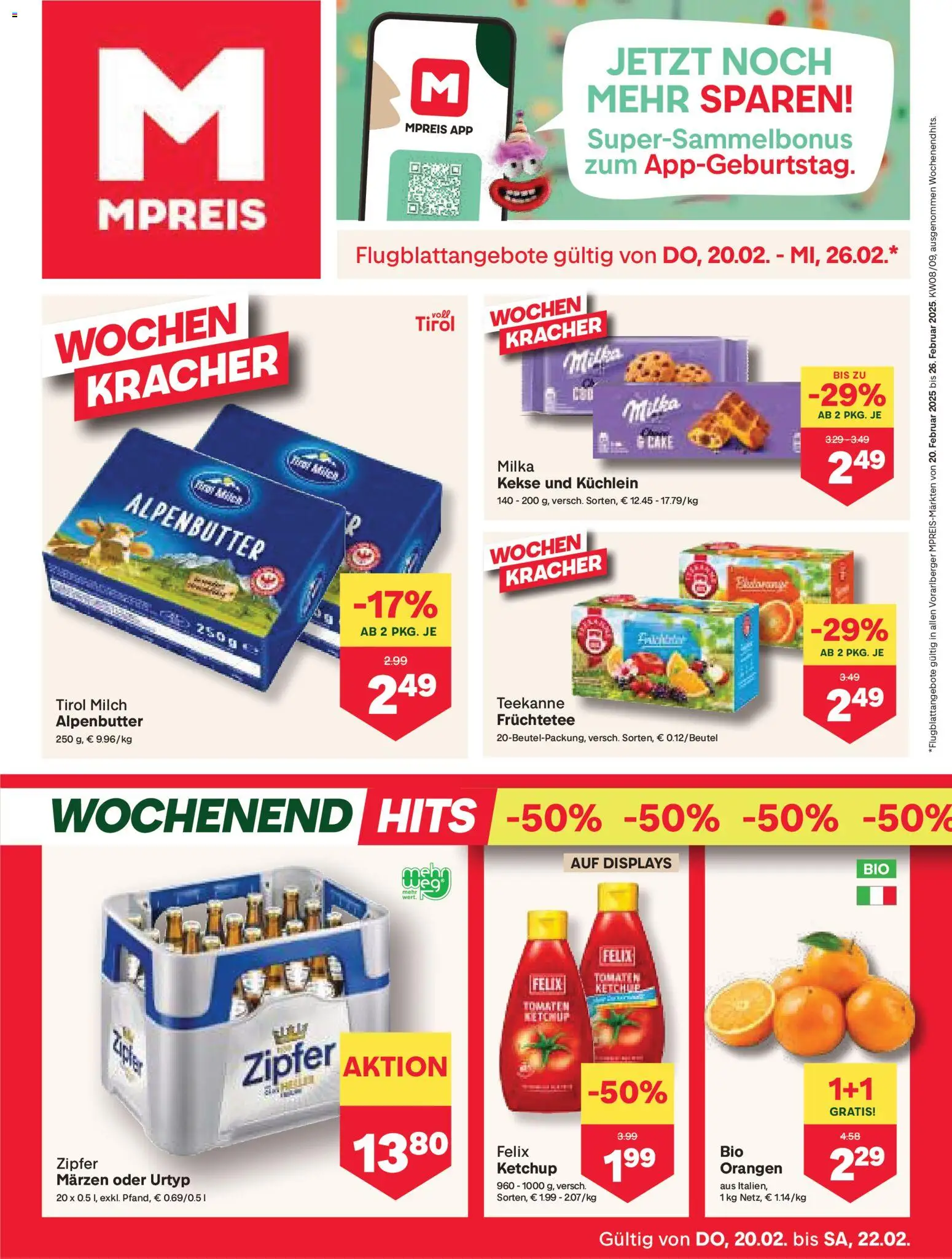 MPREIS Hohenems gültig ab 20.02.2026 | Seite: 1 | Produkte: Ketchup, Kekse, Orangen, Tomaten