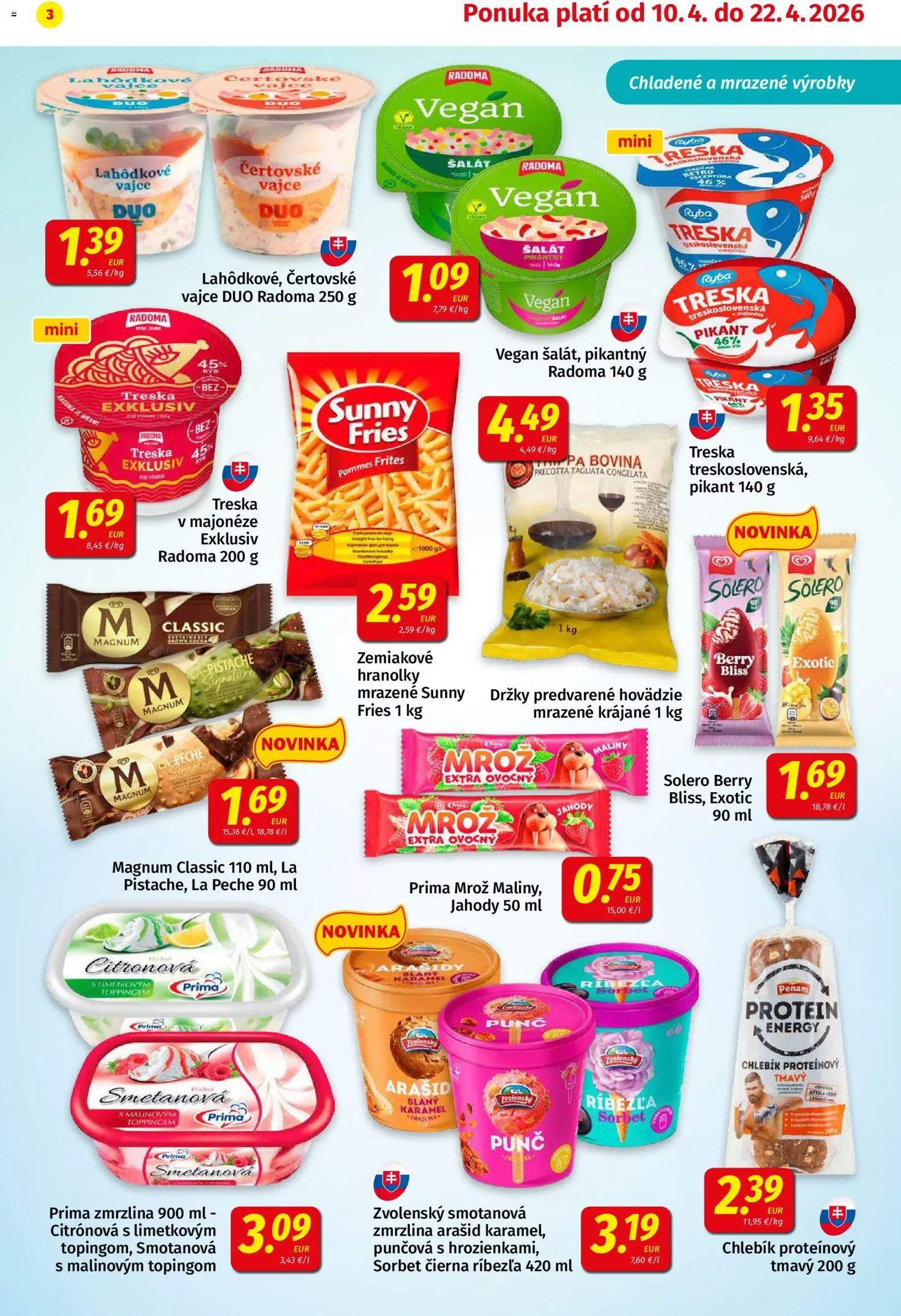 Nové Koruna akcie – leták je platný od 10.04.2026 | Strana: 3 | Produkty: Protein, Jahody, Šalát, Treska