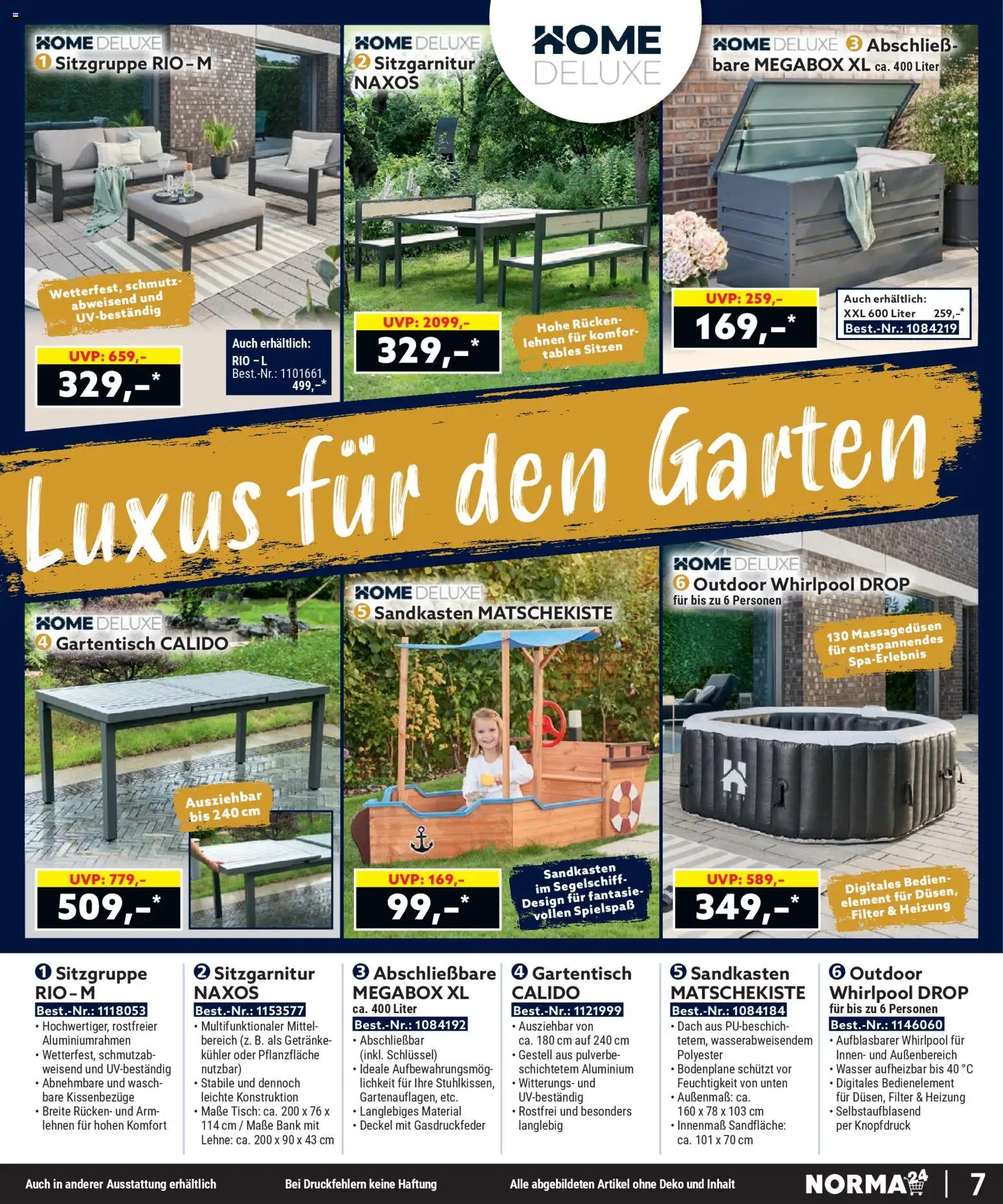 Norma Bestellmagazin April 2026 – gültig ab 01.04.2026 | Seite: 7 | Produkte: Sitzgarnitur, Tisch, Wasser