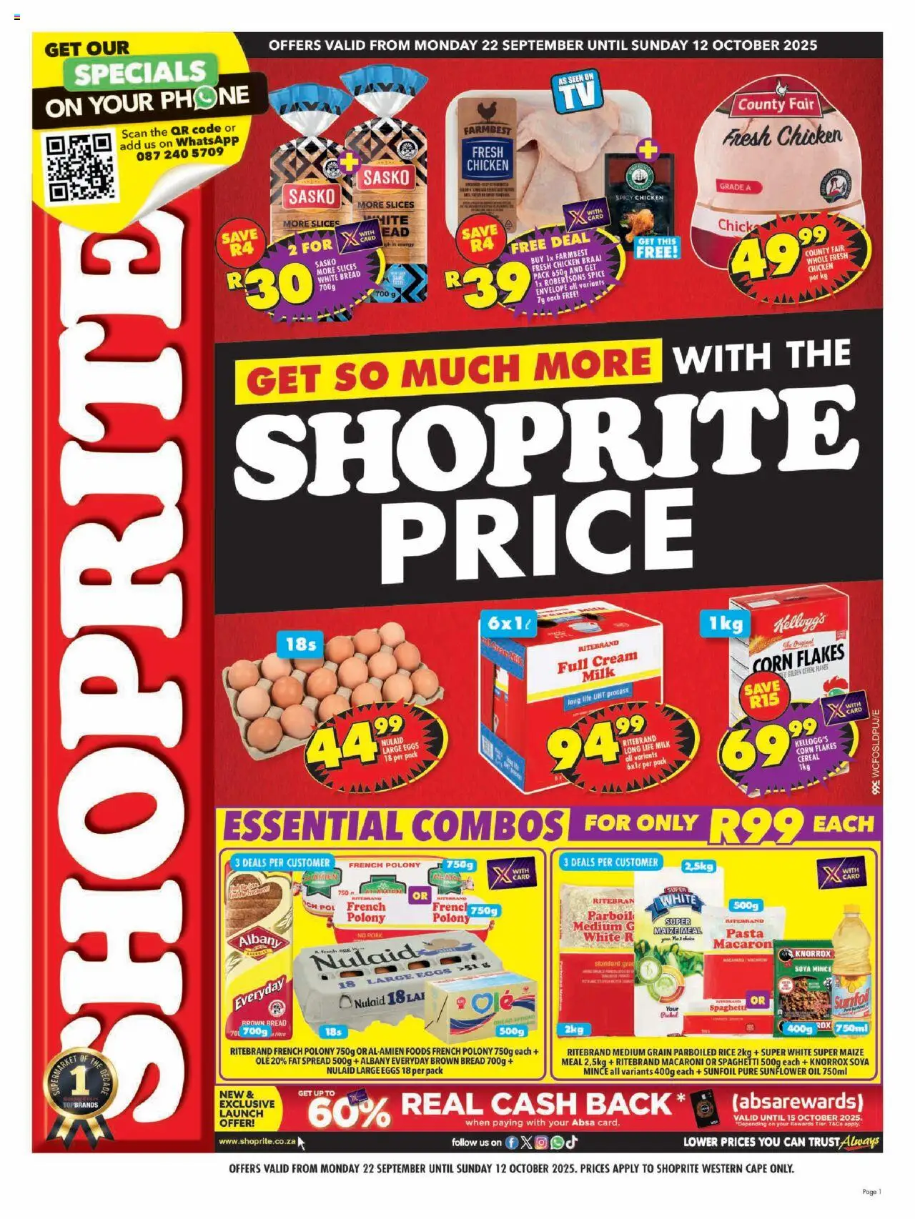 New Shoprite catalogue – valid from 22.09.2025 | Page: 1 | Products: Corn, Polony, Chicken, Rice