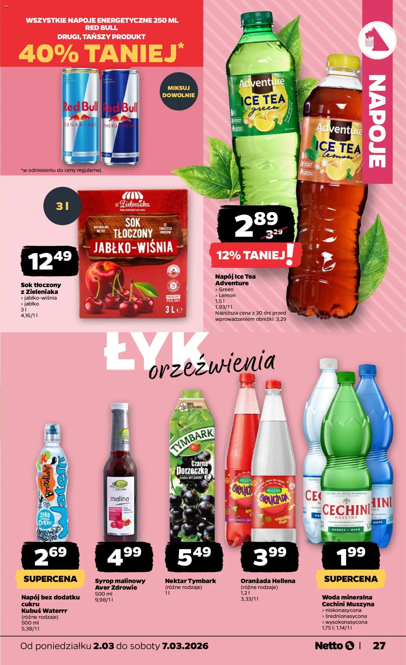 Netto gazetka od poniedziałku spożywcza od 02.03.2026 | Strona: 27 | Produkty: Syrop, Red bull, Porzeczka, Sok