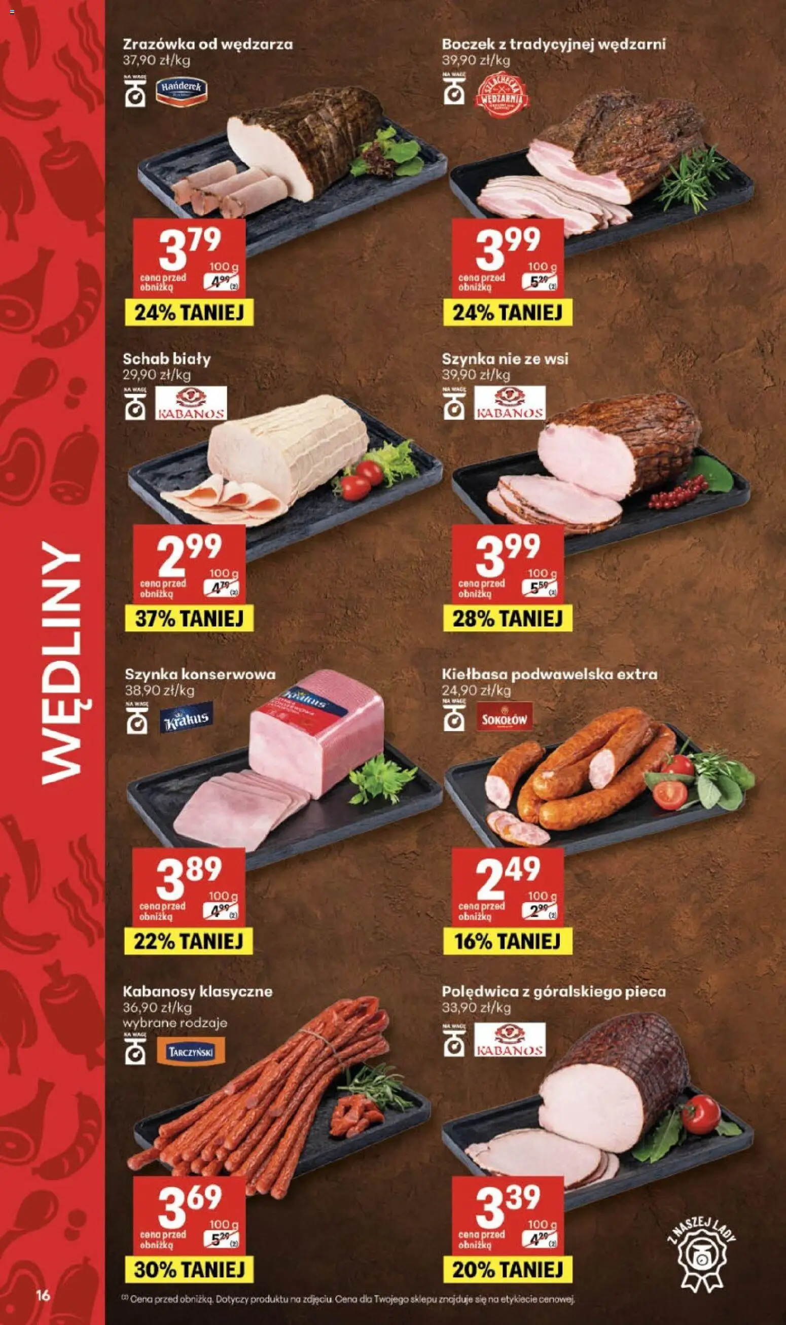 Delikatesy Centrum gazetka od 26.03.2026 | Strona: 16 | Produkty: Kiełbasa, Schab, Kabanosy, Szynka