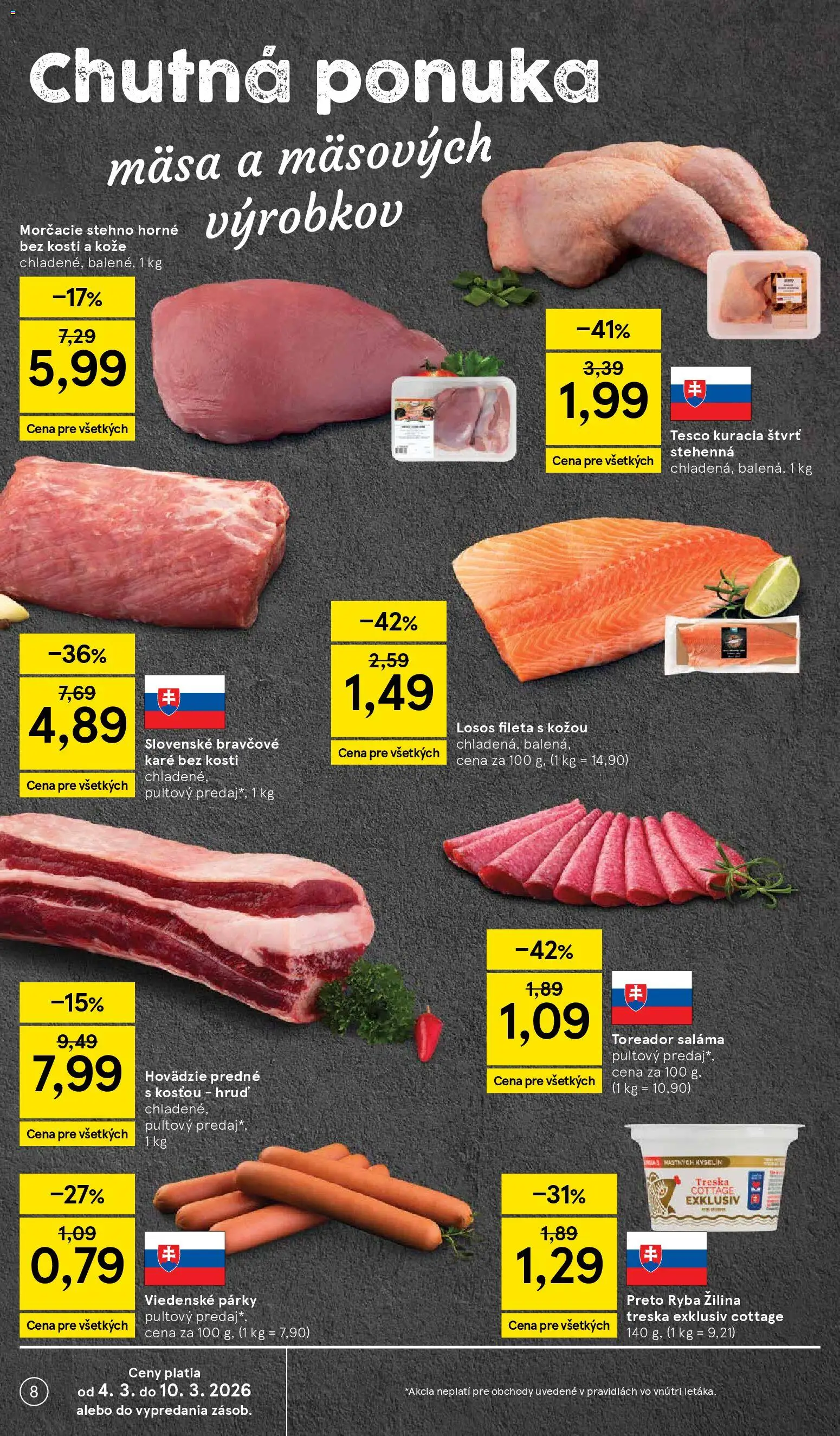 Nové Tesco akcie – leták je platný od 04.03.2026 | Strana: 8 | Produkty: Saláma, Losos, Párky, Treska