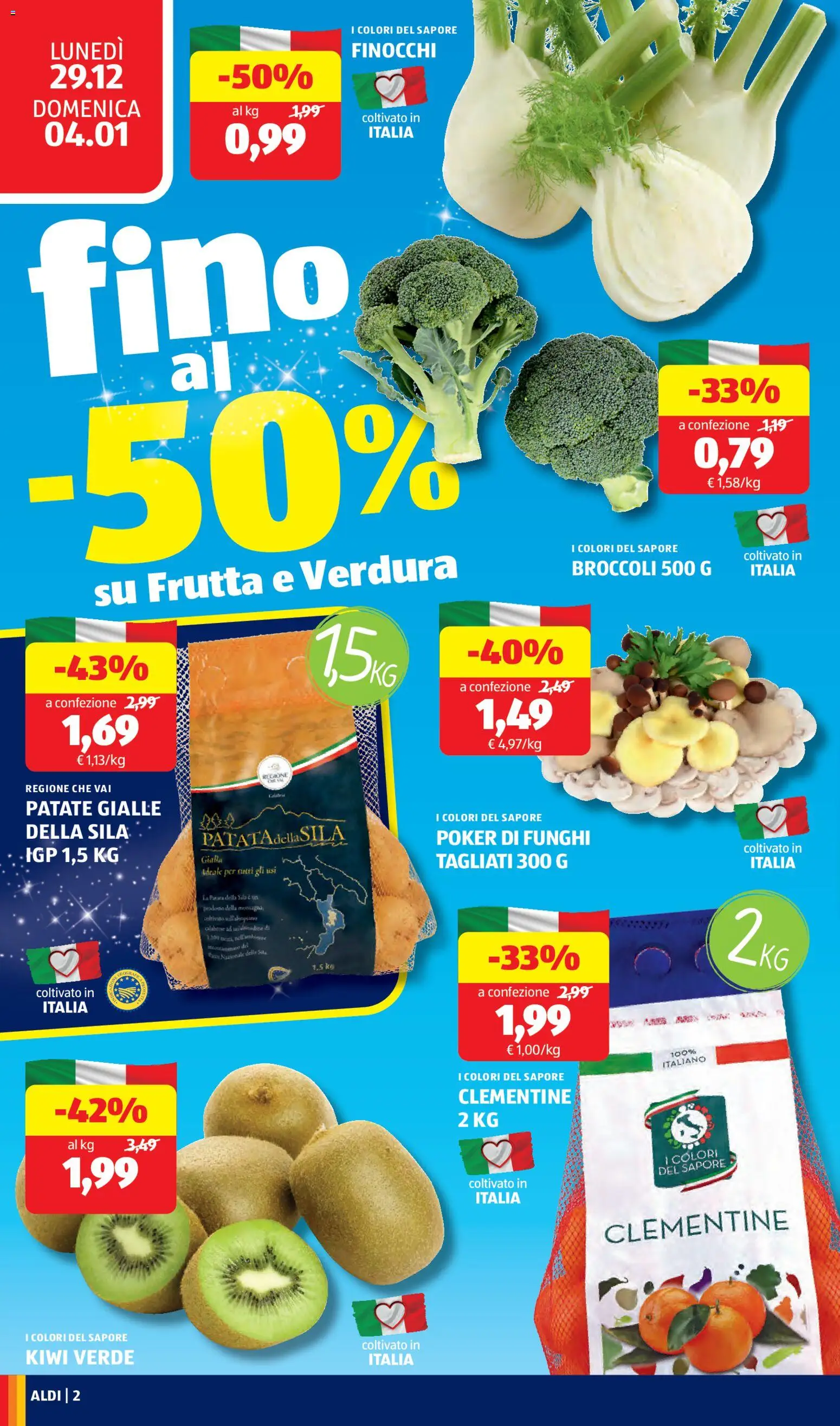 Volantino Aldi del 29.12.2025 | Pagina: 2 | Prodotti: Kiwi, Frutta, Funghi, Finocchi