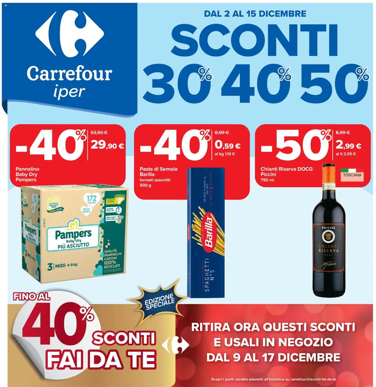 Volantino Carrefour del 02.12.2025 | Pagina: 1 | Prodotti: Pannolini, Tè, Pampers, Orecchiette
