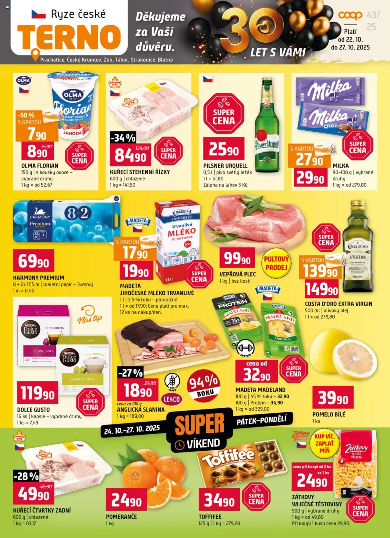 Terno leták - Blatná, Český Krumlov, Prachatice, Strakonice, Tábor, Zlín od 22.10.2025 | Strana: 1 | Produkty: Dolce Gusto, Olivový olej, Mléko, Láhev