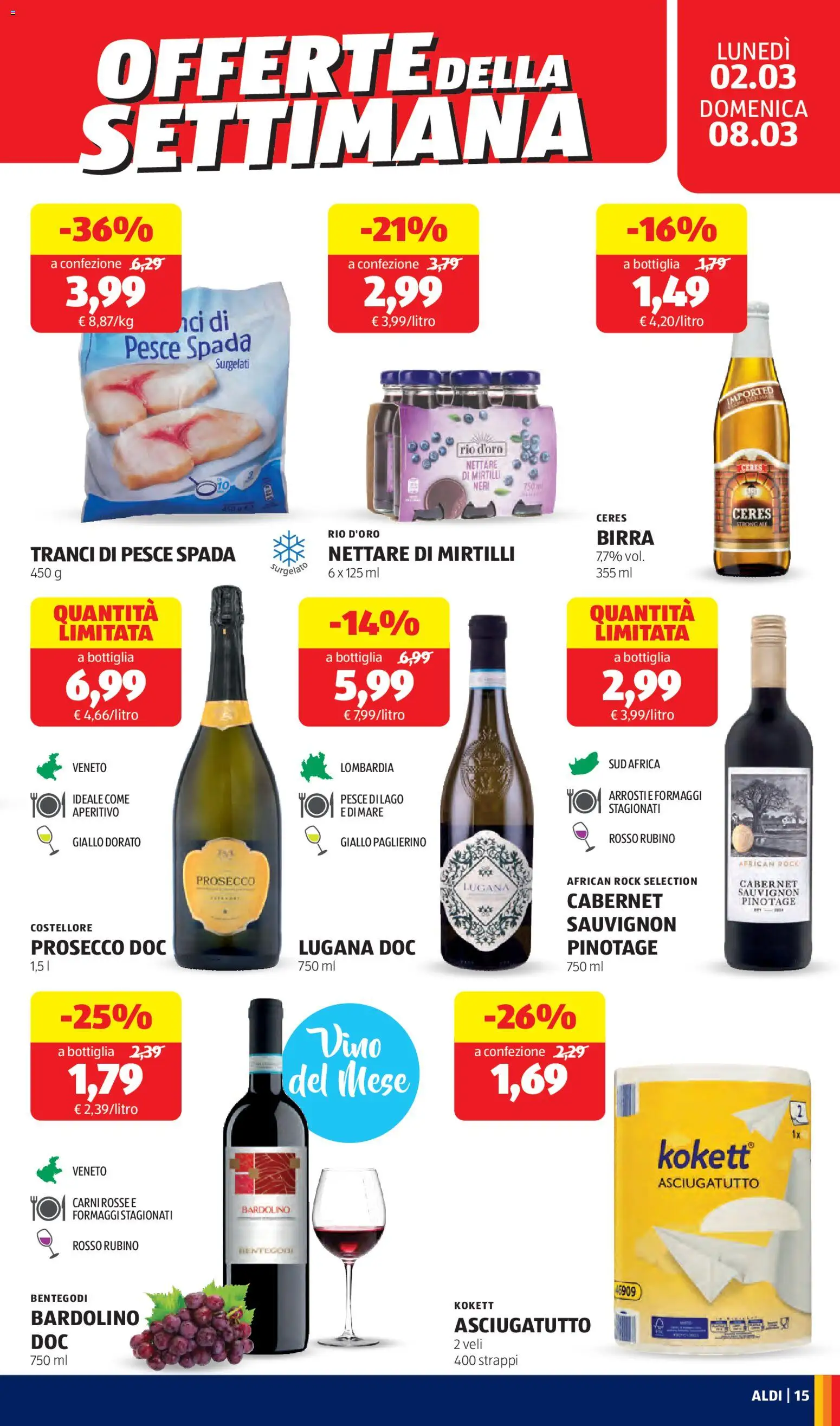 Volantino Aldi del 02.03.2026 | Pagina: 15 | Prodotti: Prosecco, Mirtilli, Asciugatutto, Aperitivo