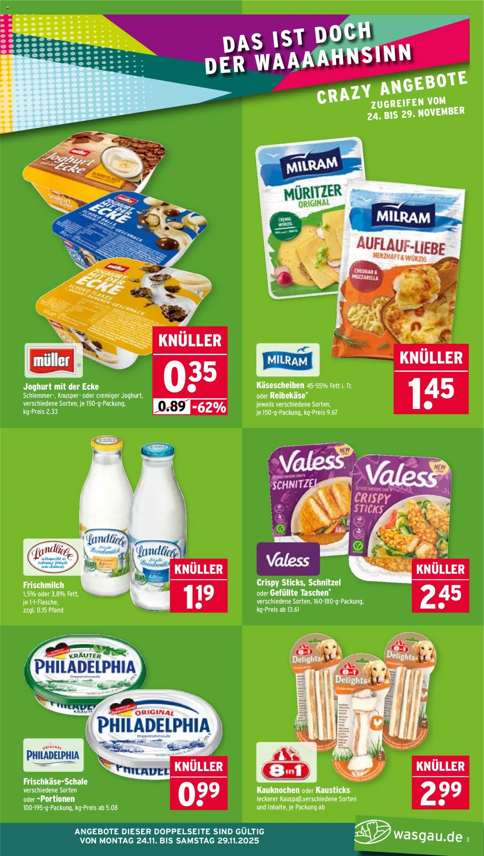 Wasgau Prospekt 	 – gültig ab 24.11.2025 | Seite: 3 | Produkte: Joghurt, Philadelphia, Schnitzel, Milram