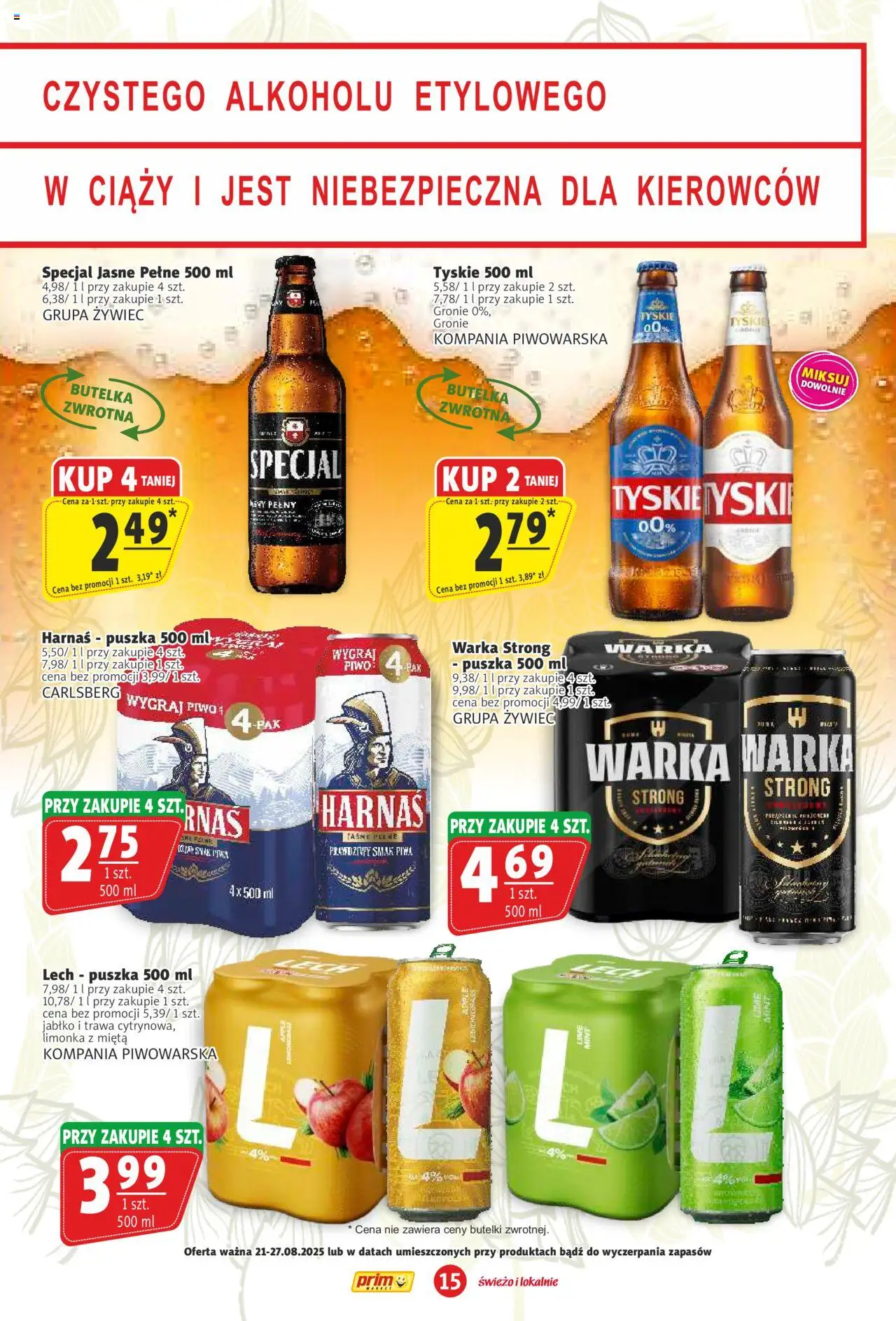 Prim Market Gazetka od 21.08.2025 | Strona: 15 | Produkty: Limonka, Mięta, Tyskie, Harnaś