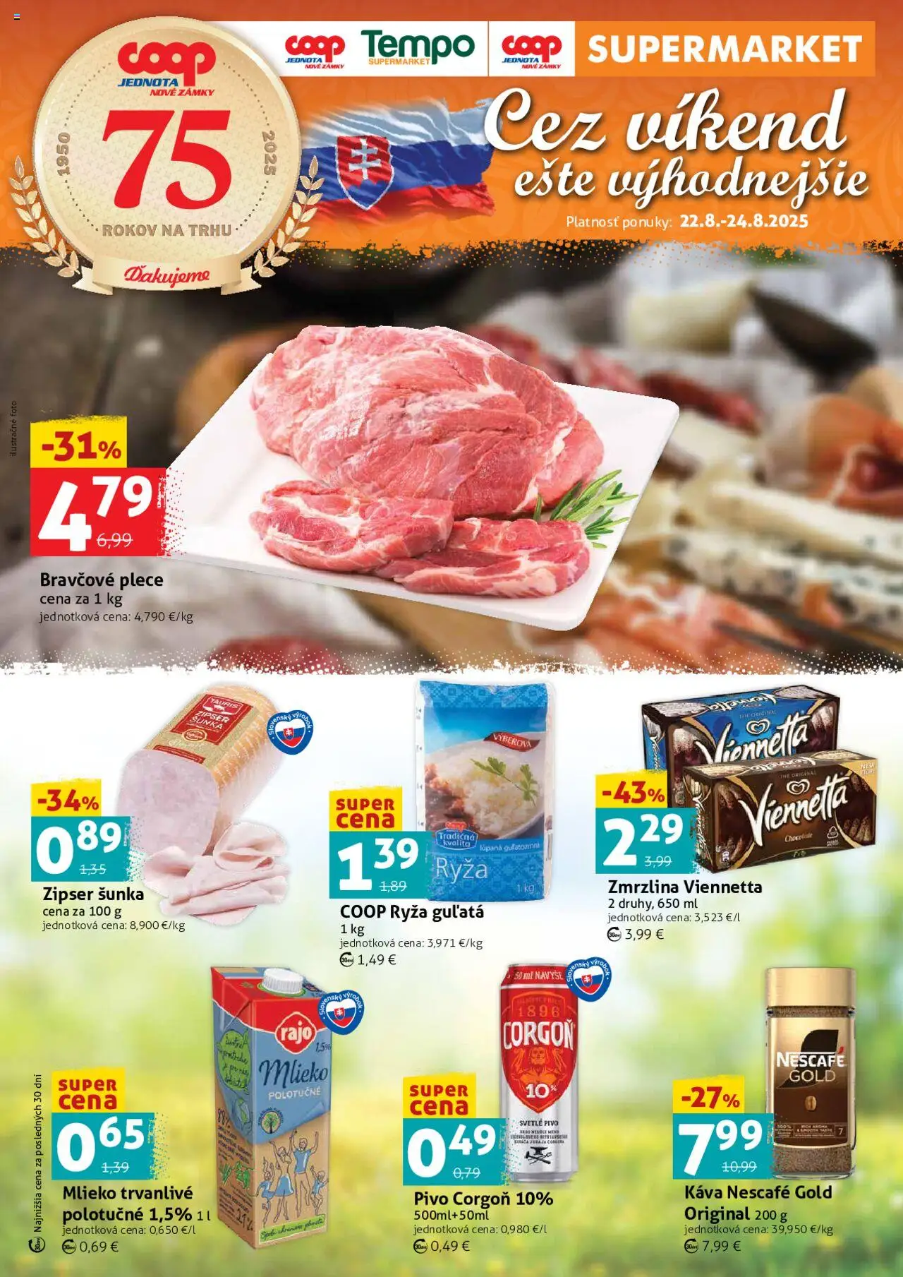 COOP Jednota víkendová ponuka │ platný od 22.08.2025 | Strana: 1 | Produkty: Pivo, Káva, Ryža, Nescafé Gold