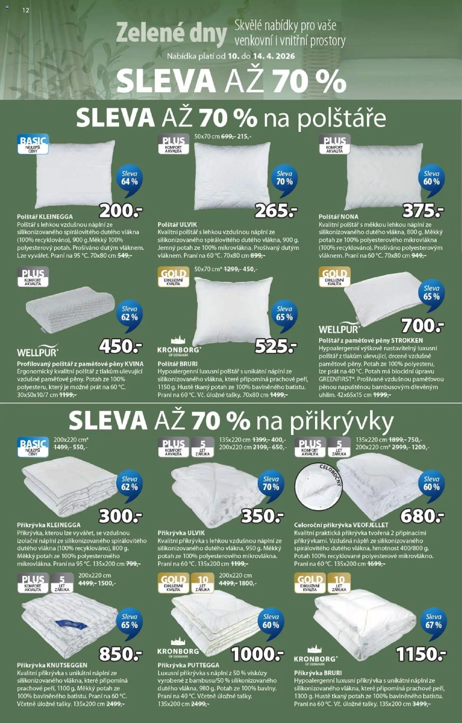 JYSK leták - Zelené dny od 10.04.2026 | Strana: 12 | Produkty: Polštáře, Polštář, Přikrývka