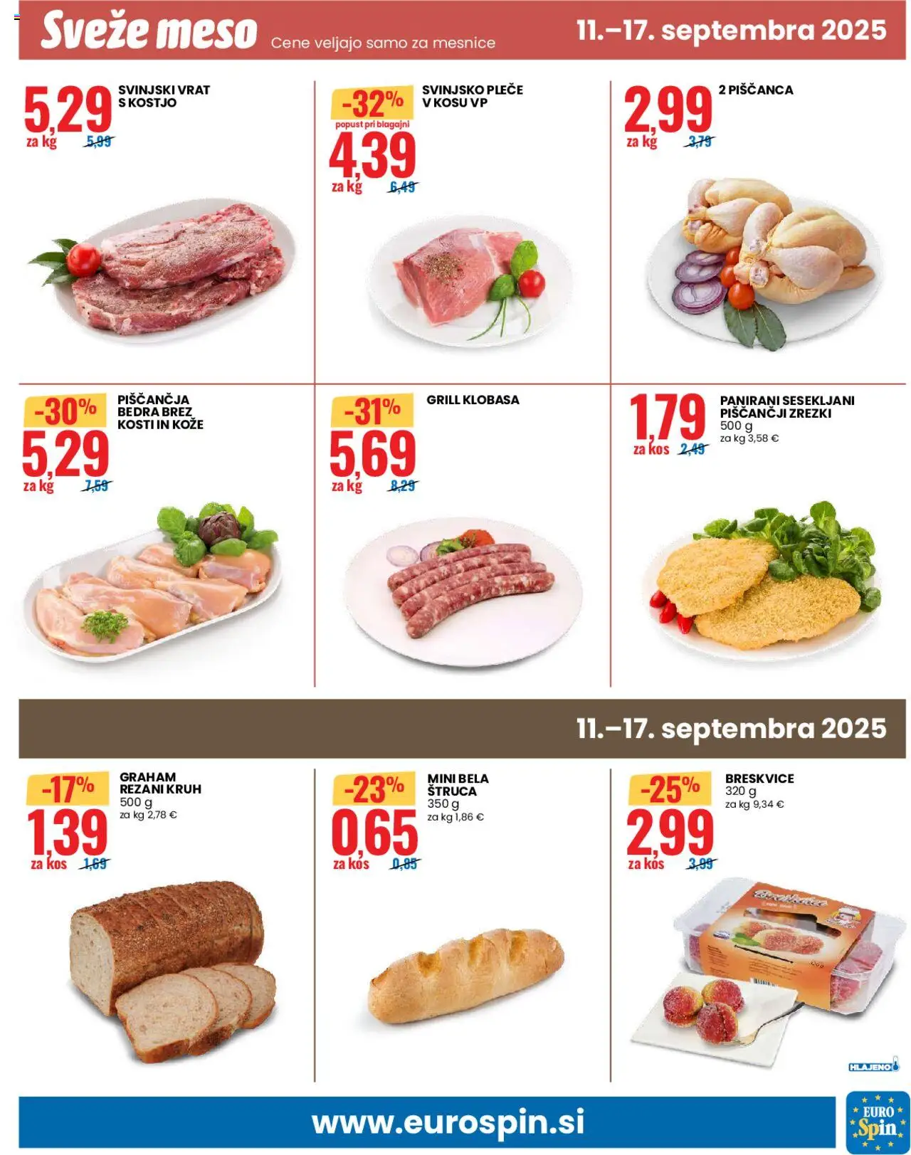 Novi Eurospin katalog ponudbe – veljaven od 11.09.2025 | Stran: 13 | Izdelki: Piščančja bedra, Kos, Kruh, Grill