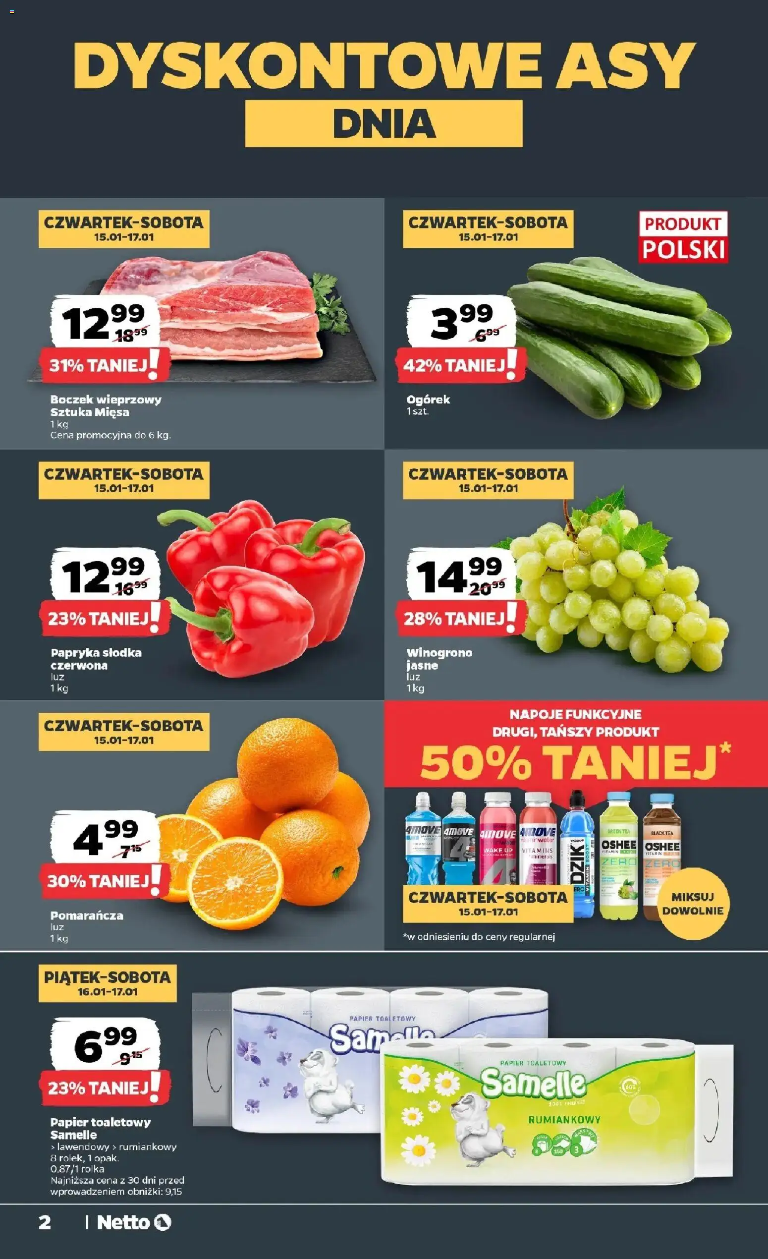 Netto gazetka - Spożywcza od 15.01.2026 | Strona: 2 | Produkty: Papier toaletowy, Boczek wieprzowy, Napoje, Papryka